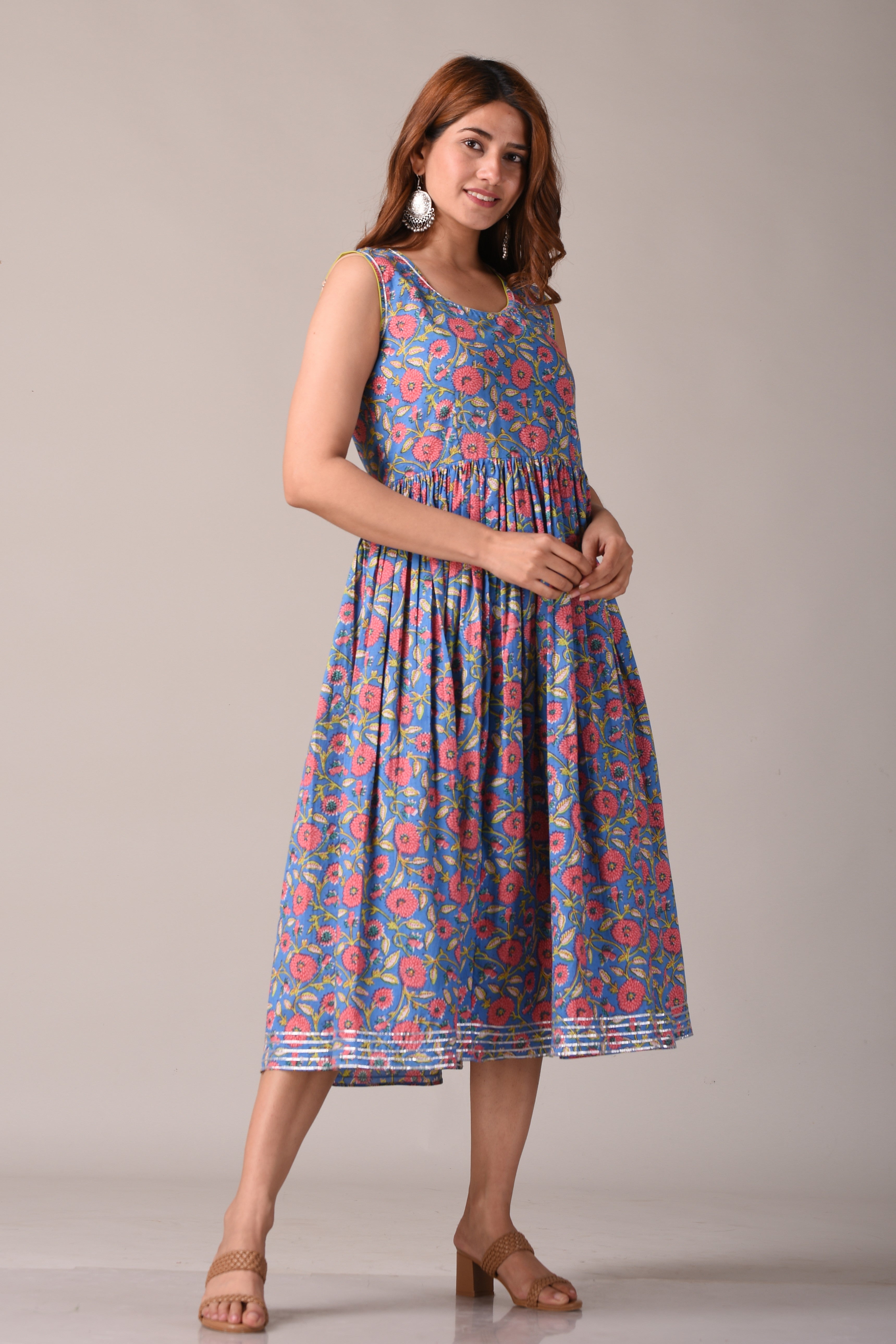 Floral Blue Printed Pure Cotton Midi Dress