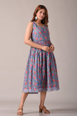 Floral Blue Printed Pure Cotton Midi Dress