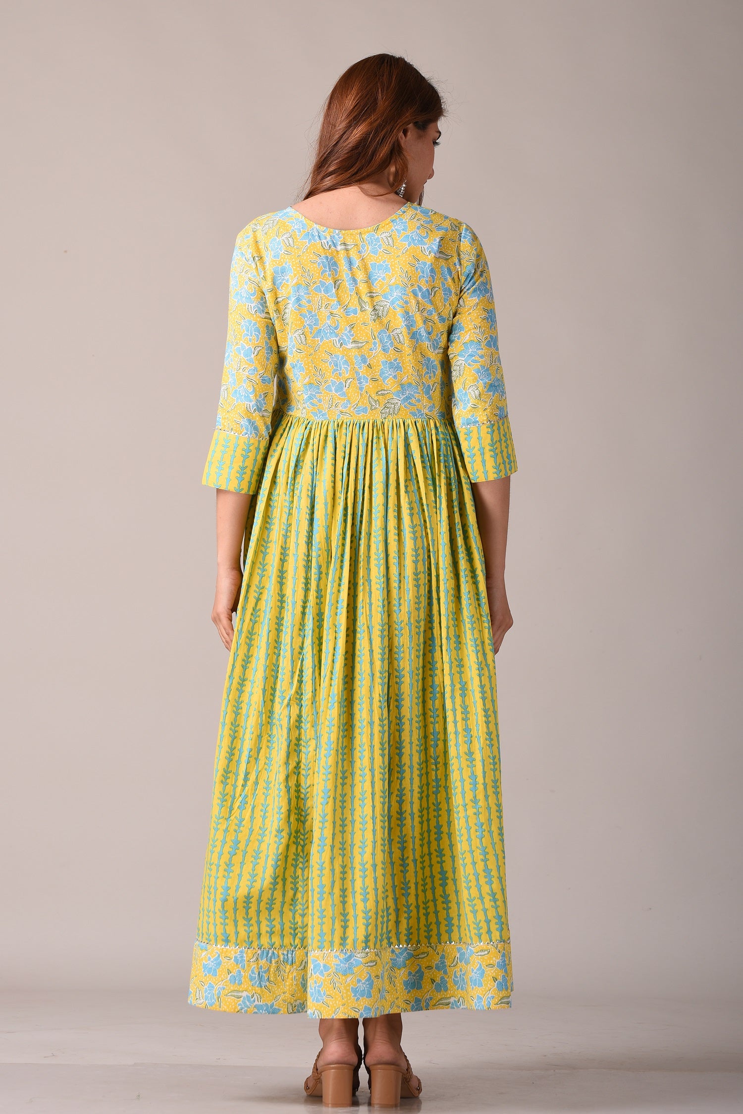 back view of women’s Jaipuri printed cotton dress
