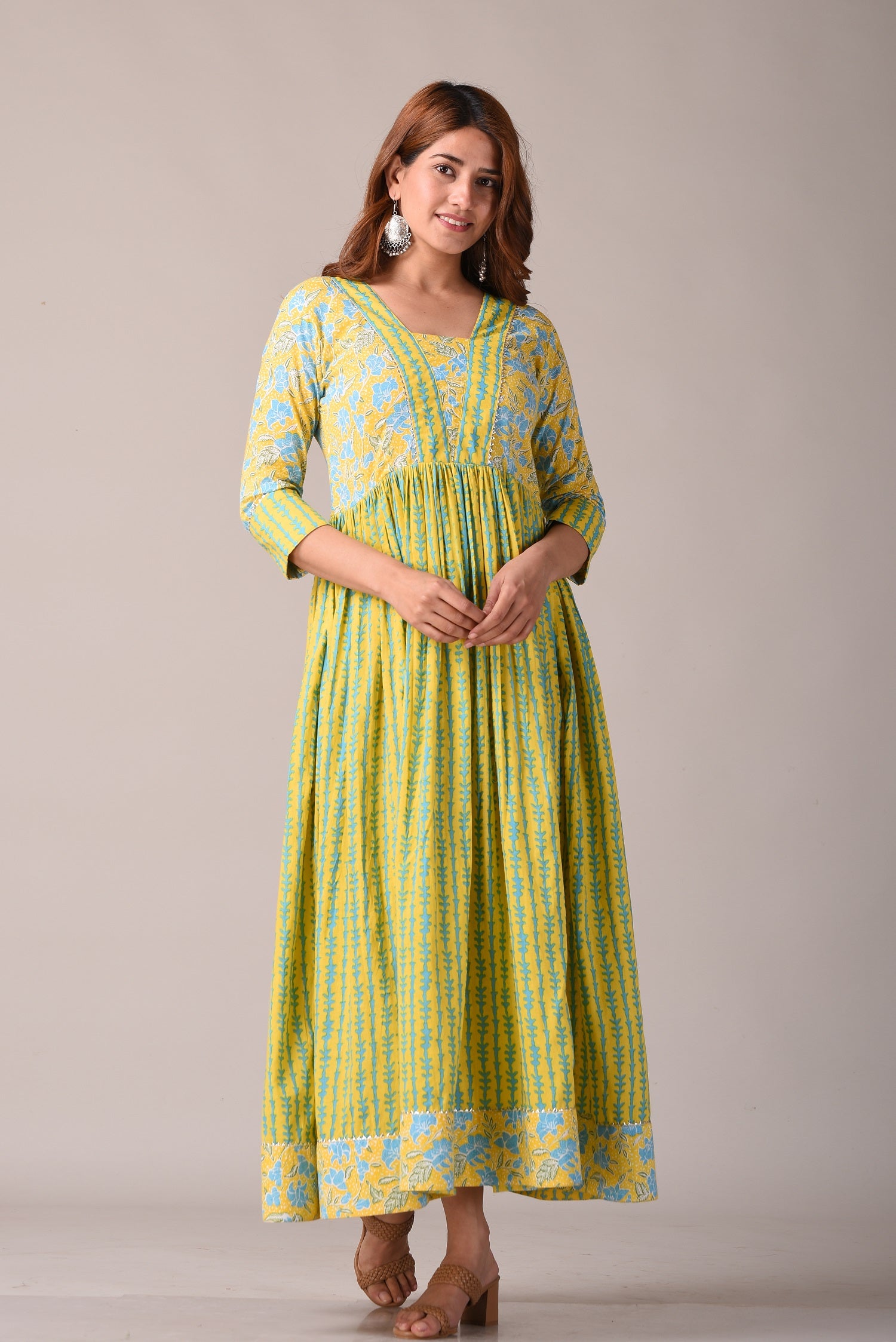 women’s Yellow pure cotton Jaipuri block printed ethnic dress