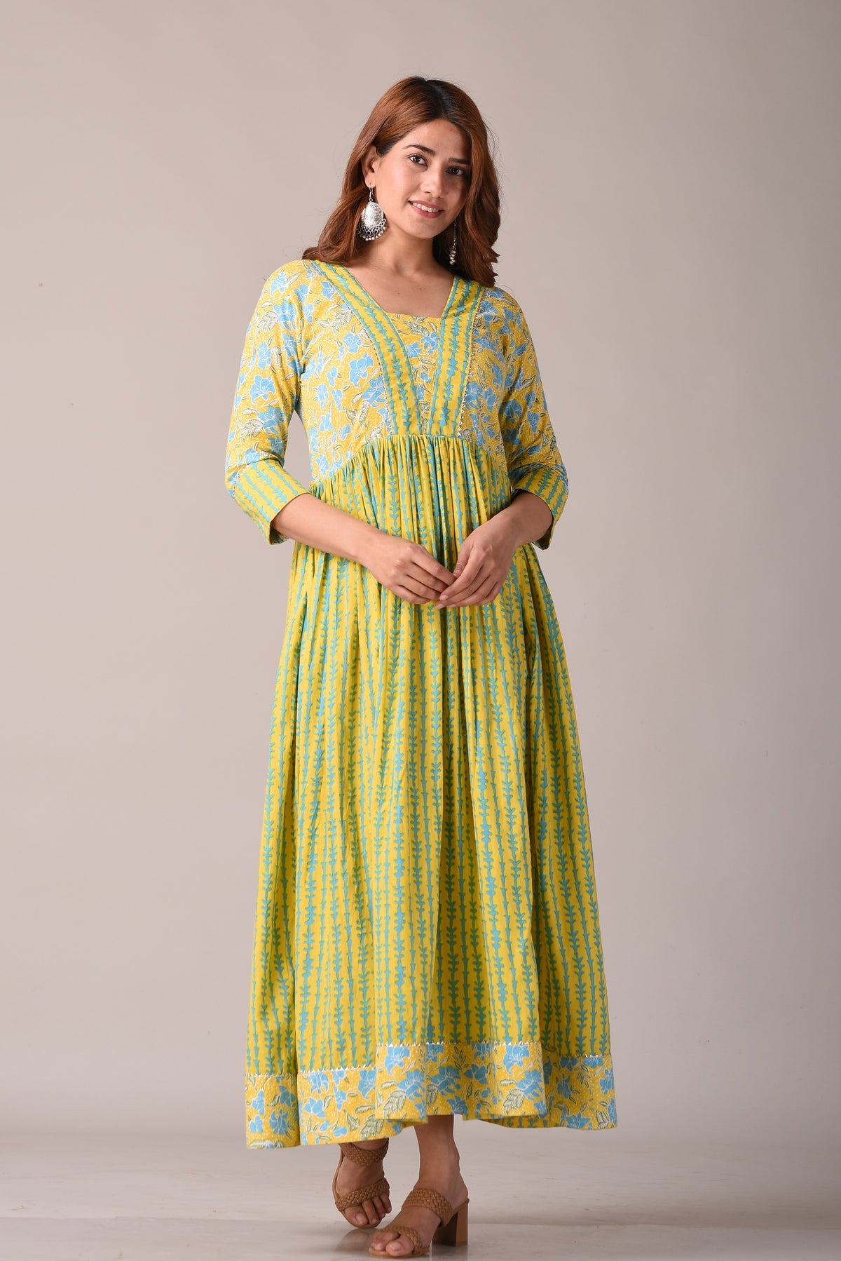 women’s Yellow pure cotton Jaipuri block printed ethnic dress
