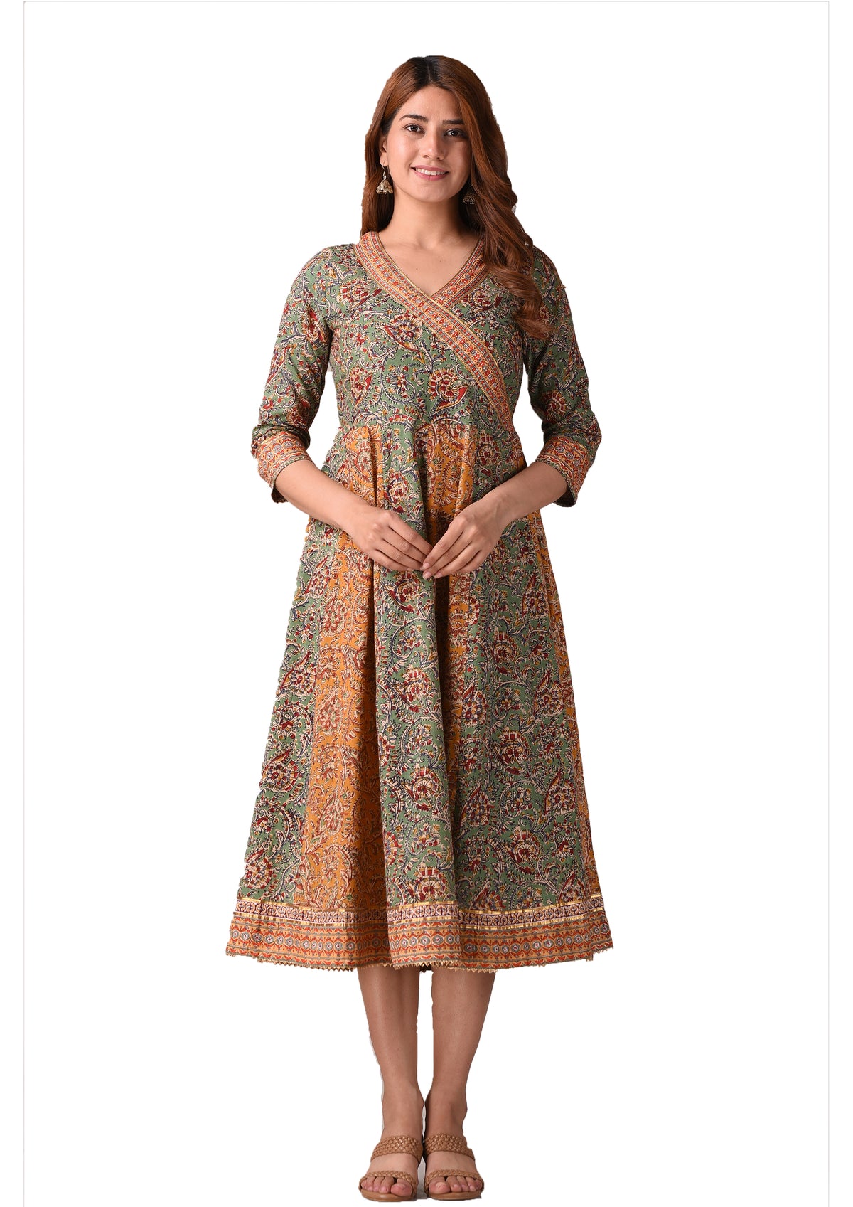 Floral Block Printed Angrakha Style Pure Cotton Maxi Dress