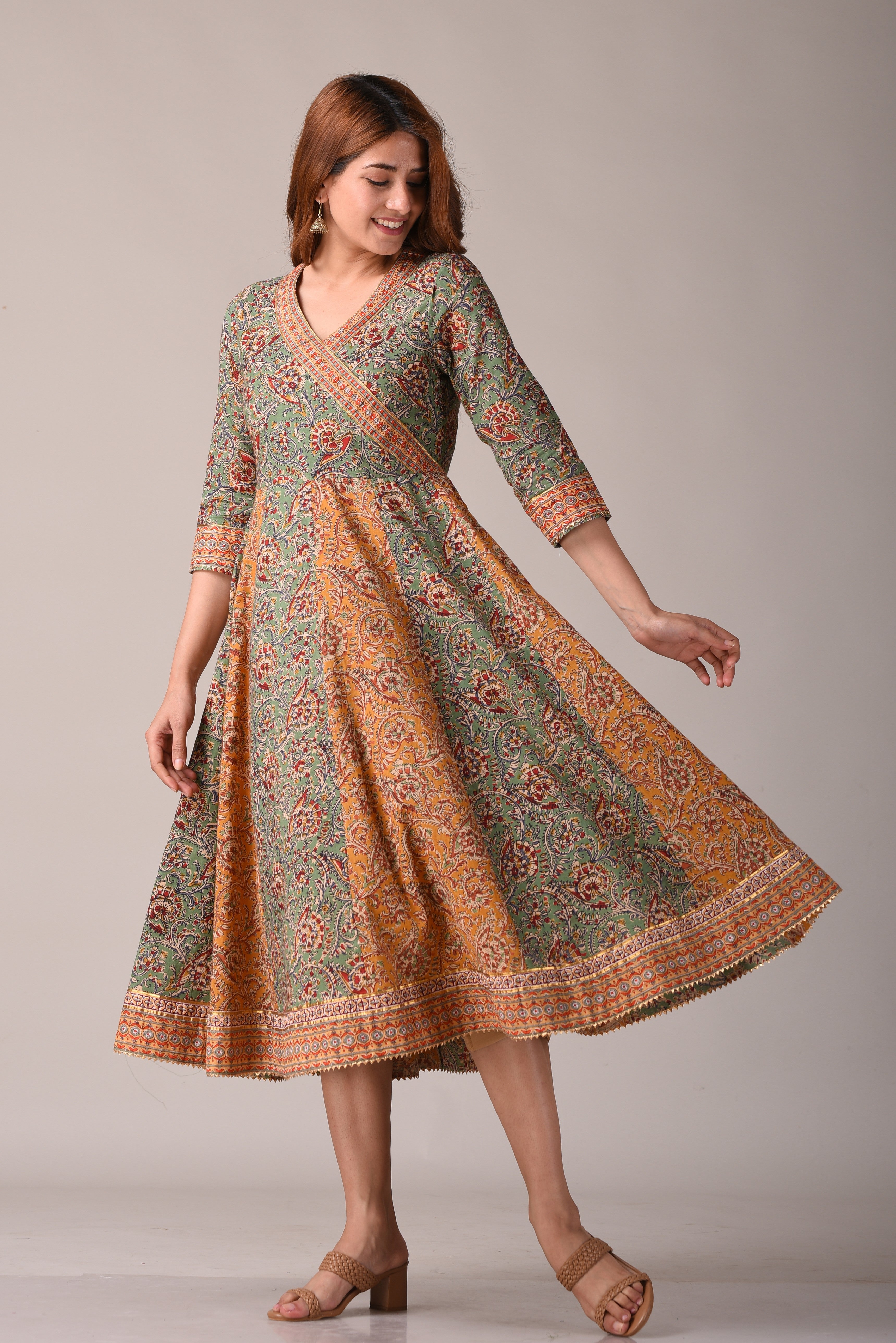 Floral Block Printed Angrakha Style Pure Cotton Maxi Dress