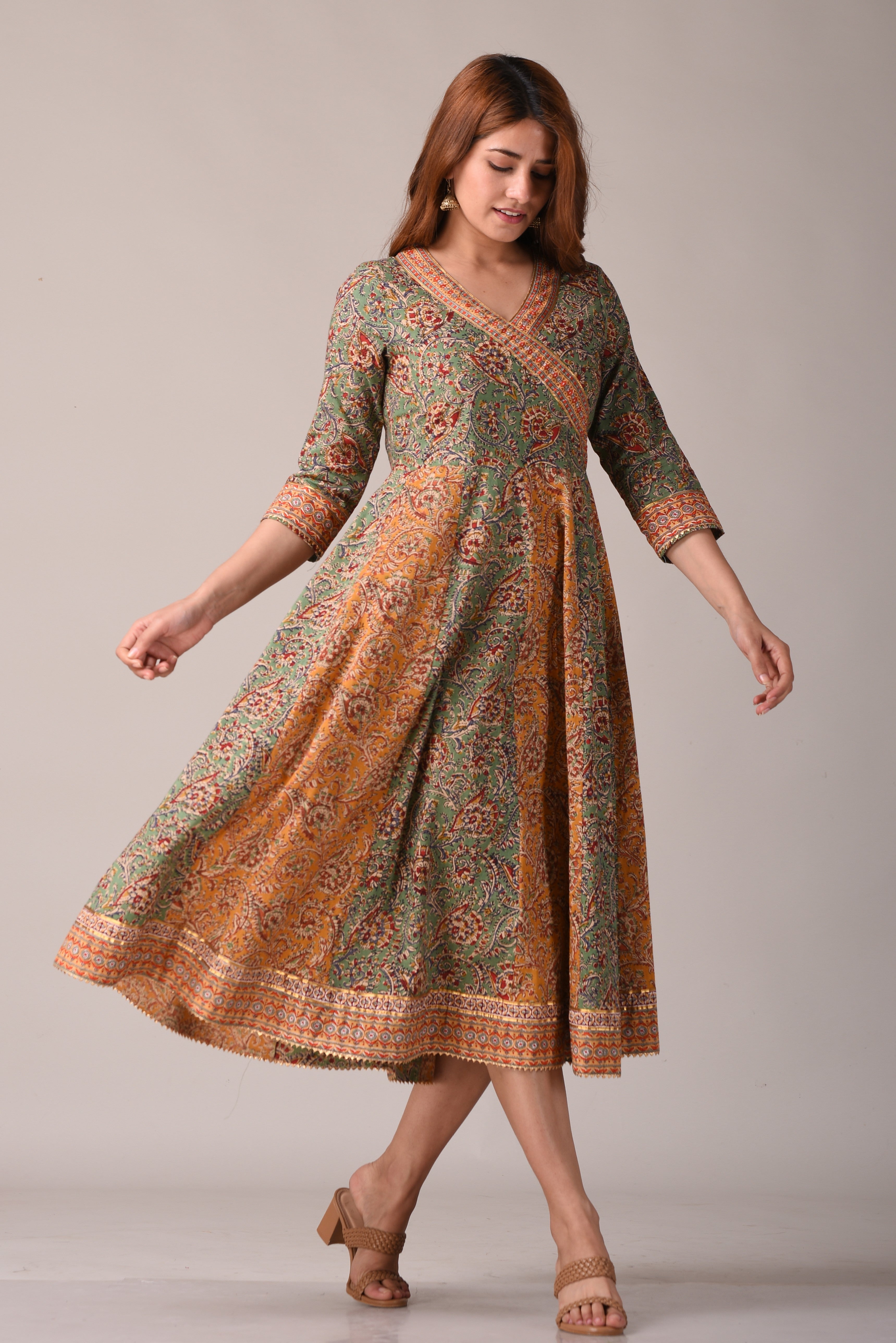 Floral Block Printed Angrakha Style Pure Cotton Maxi Dress