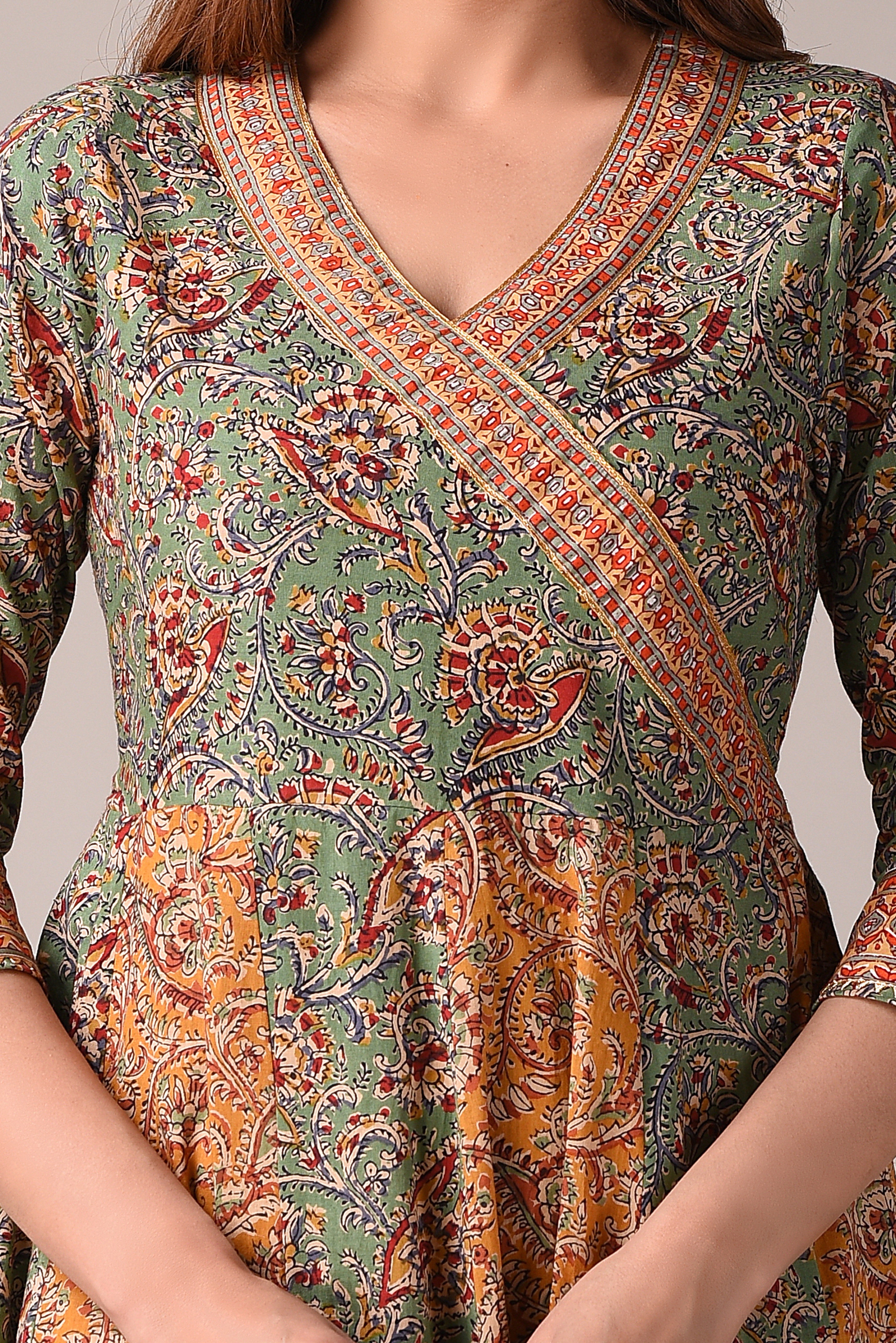 Floral Block Printed Angrakha Style Pure Cotton Maxi Dress