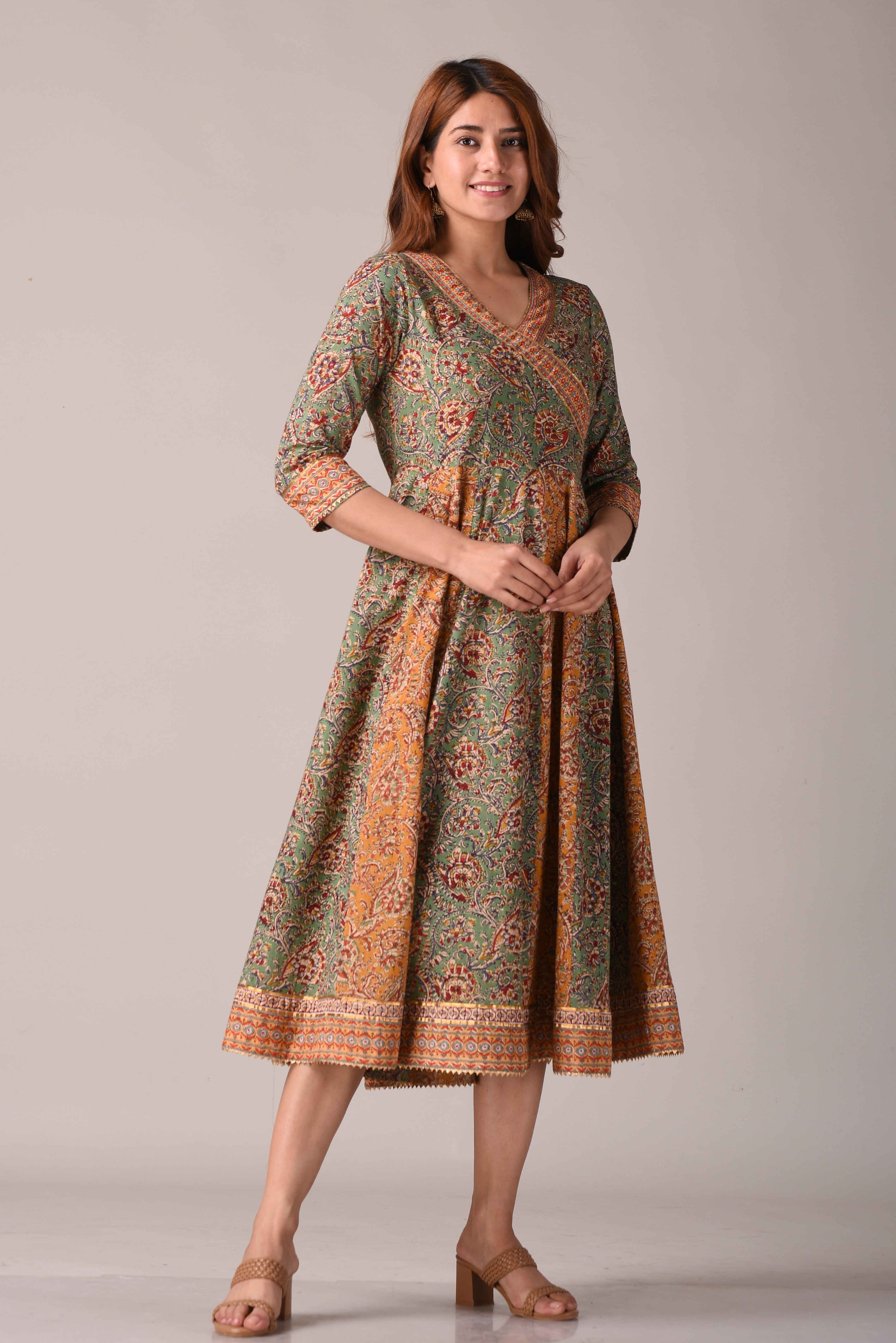 Floral Block Printed Angrakha Style Pure Cotton Maxi Dress