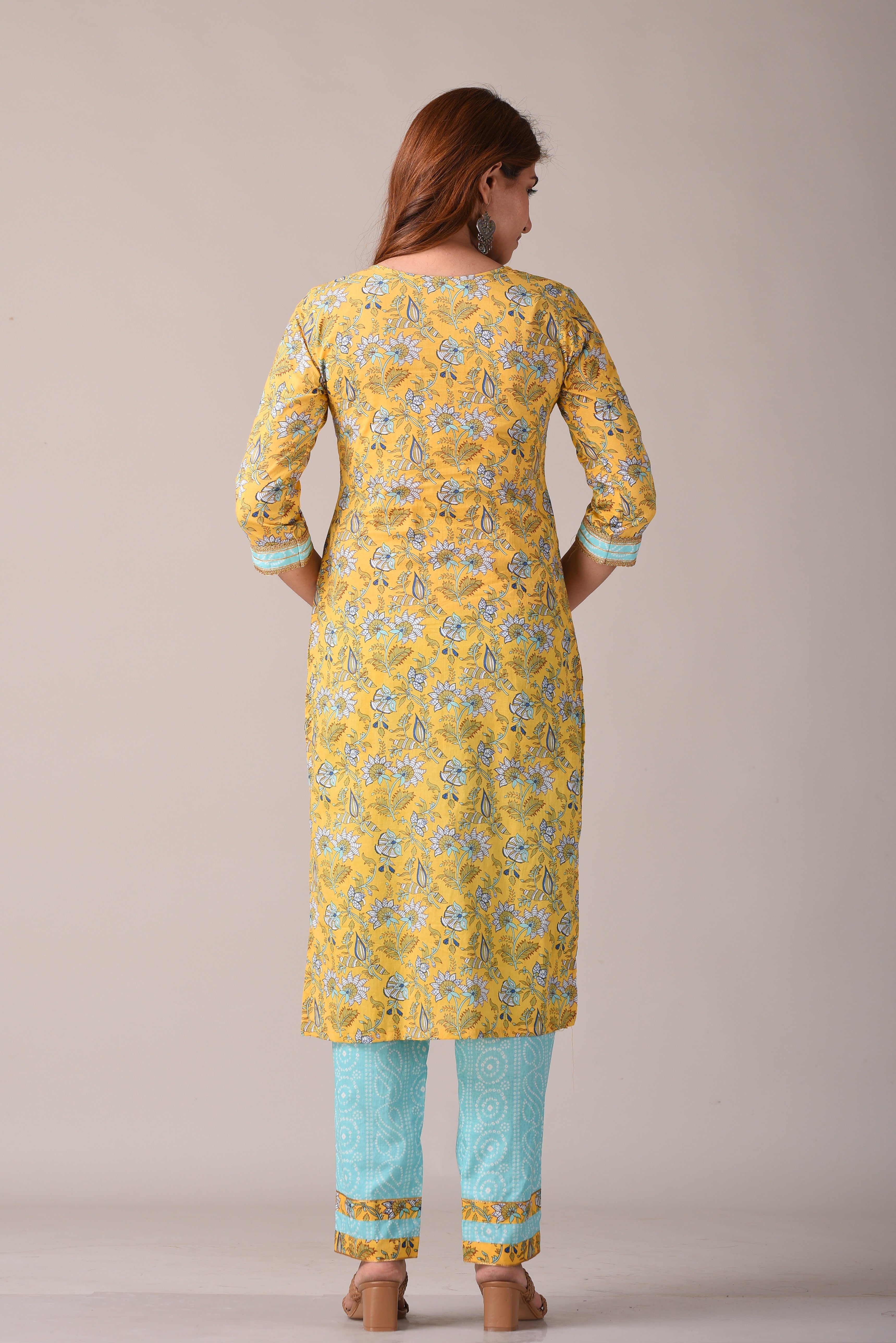 Yellow Floral Jaipuri Printed Pure Cotton Kurta, Pant And Dupatta Set