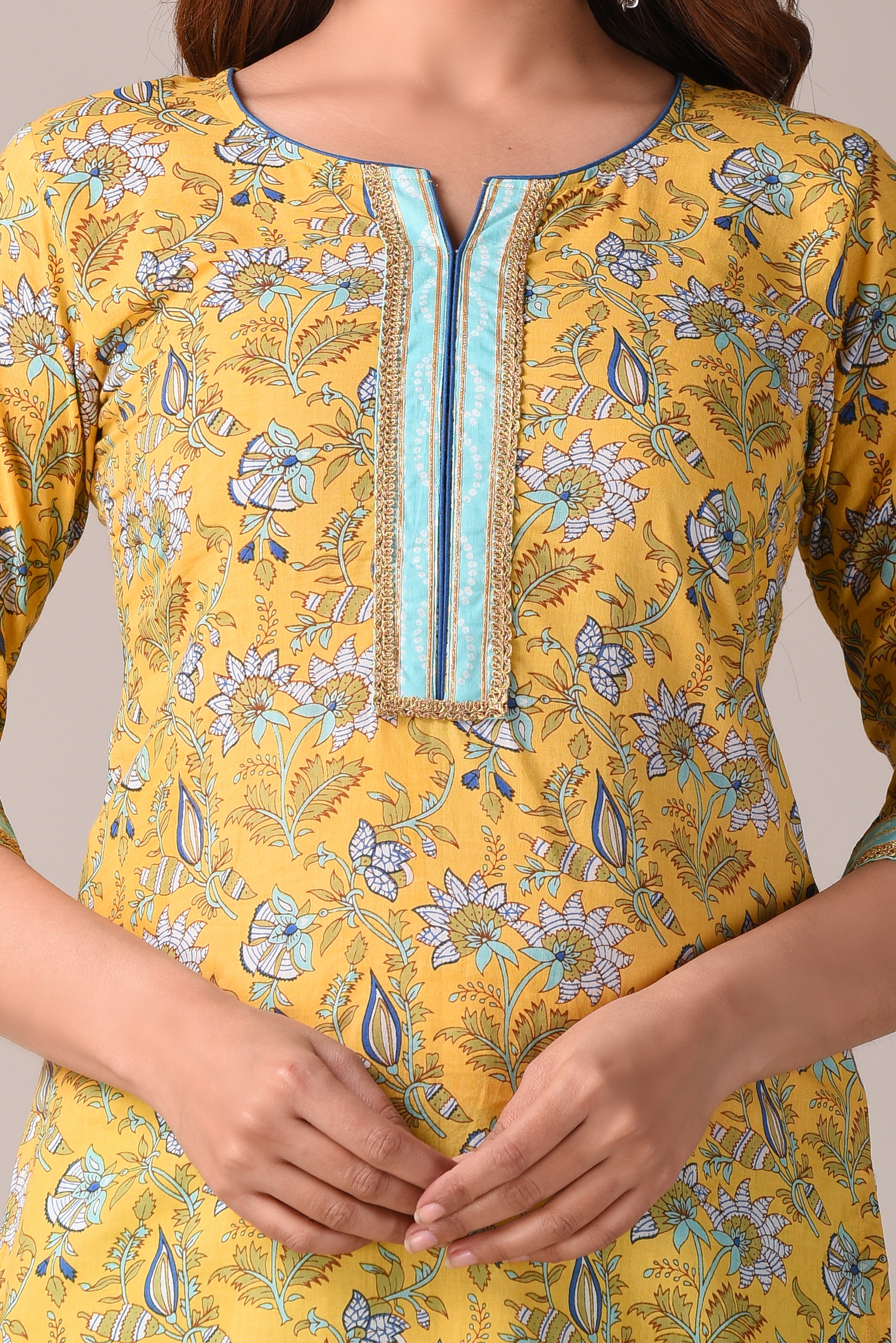 Yellow Floral Jaipuri Printed Pure Cotton Kurta, Pant And Dupatta Set
