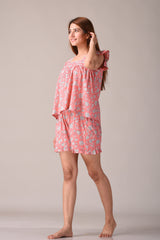 Peach Floral Printed Pure Cotton Nightsuit and Loungewear (Top & Shorts Set)