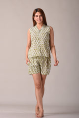 Olive Paisley Printed Pure Cotton Nightsuit and Loungewear (Top & Shorts Set)