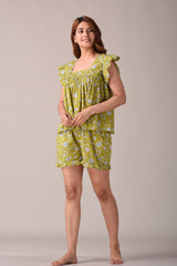 Olive Floral Printed Pure Cotton Nightsuit and Loungewear (Top & Shorts Set)