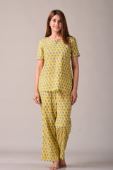 Yellow Paisley Printed Pure Cotton Nightsuit and Loungewear (Top & Pyajama Set)