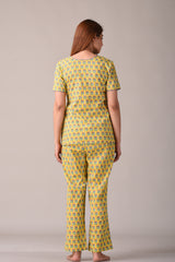 Yellow Paisley Printed Pure Cotton Nightsuit and Loungewear (Top & Pyajama Set)