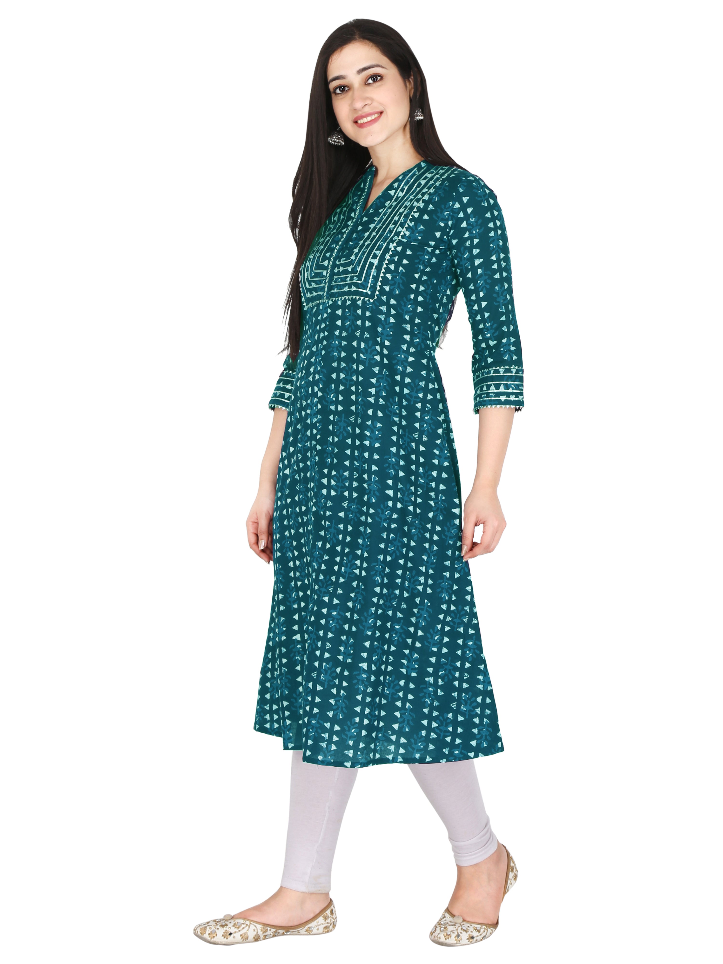 side view of Bottle Green cotton block print kurti for women