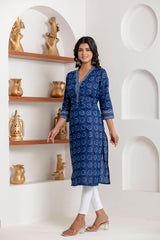 side view of Blue cotton block print kurti for women