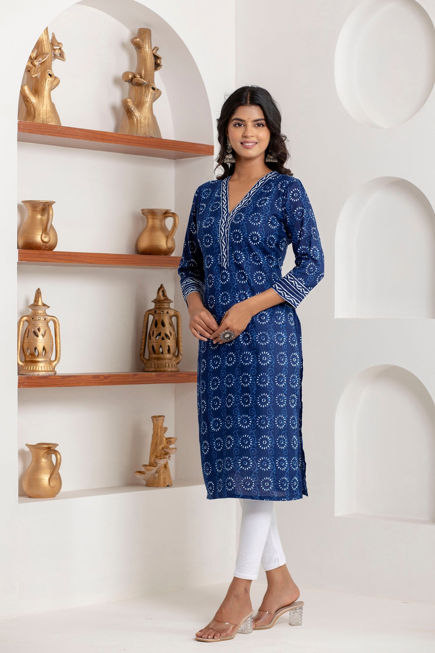 side view of Blue cotton block print kurti for women