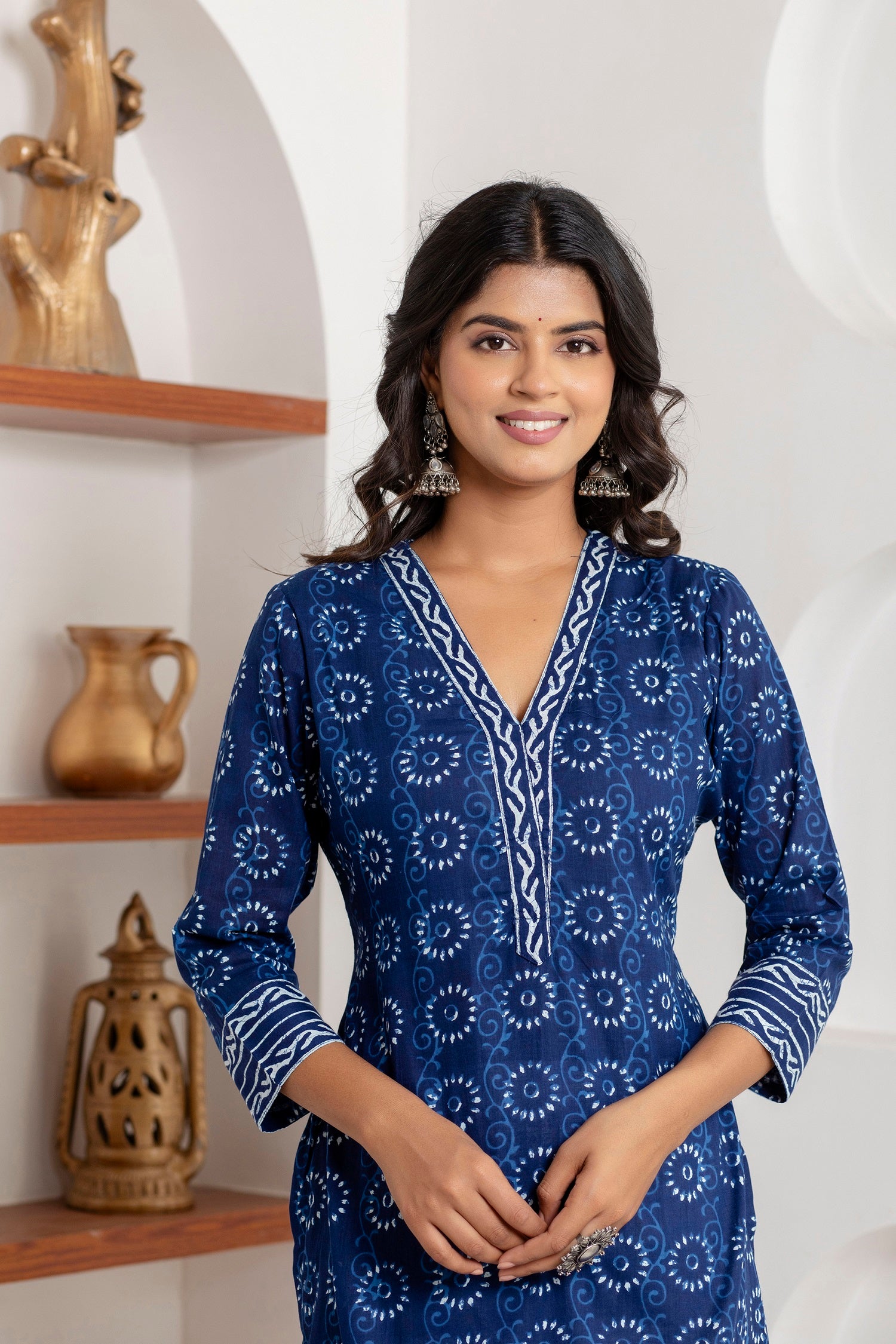 close-up of traditional Jaipuri block print on cotton kurti