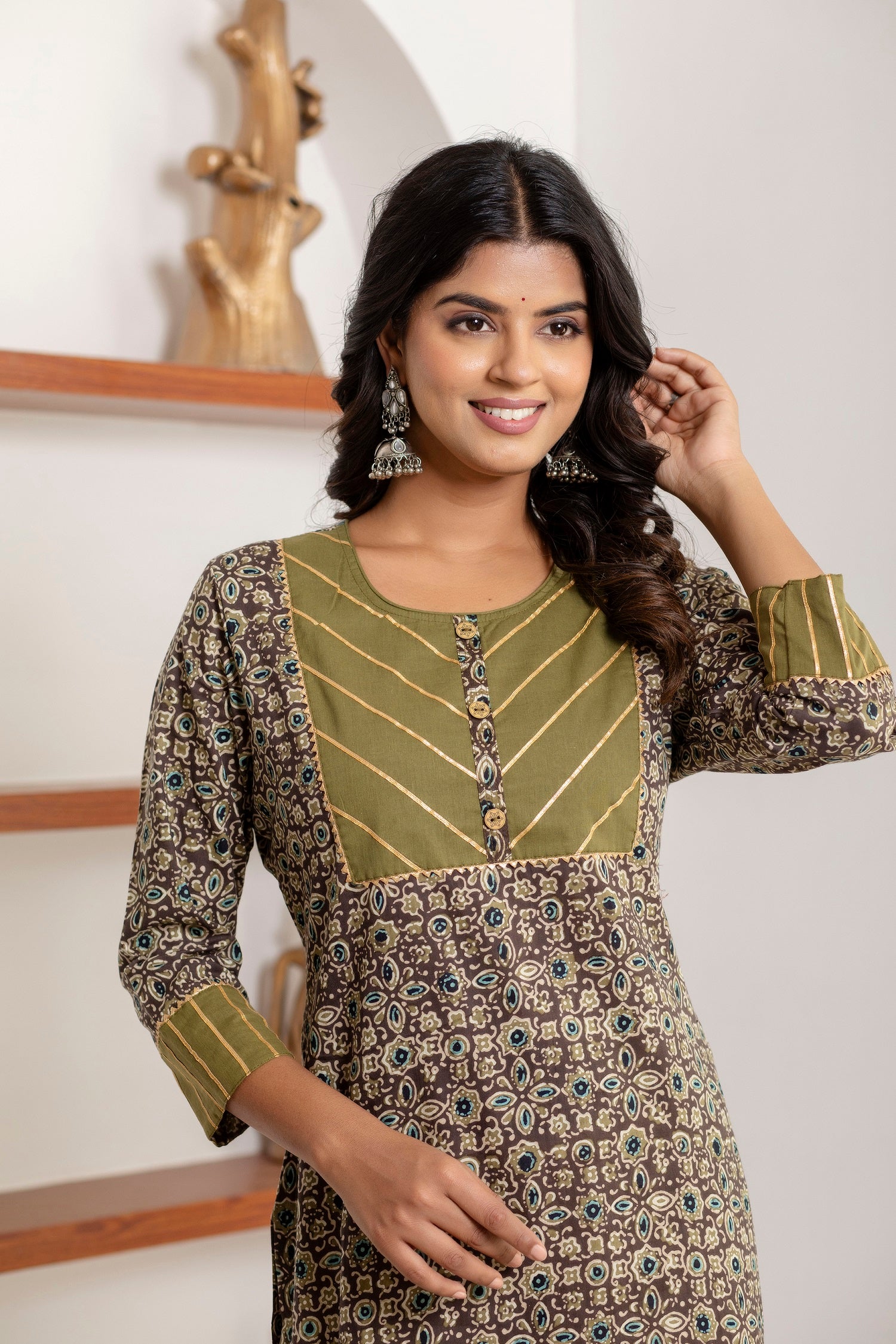 close-up of traditional Jaipuri block print on cotton kurti