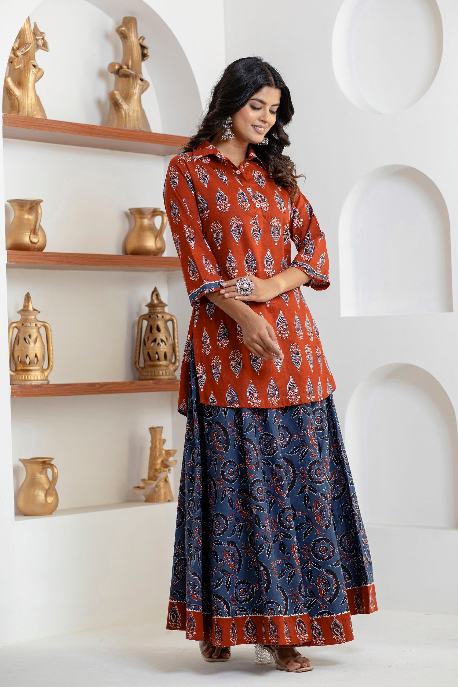 side view of cotton block print kurta with skirt
