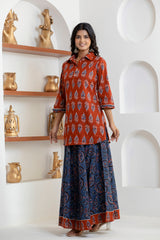 side view of cotton block print kurta with skirt