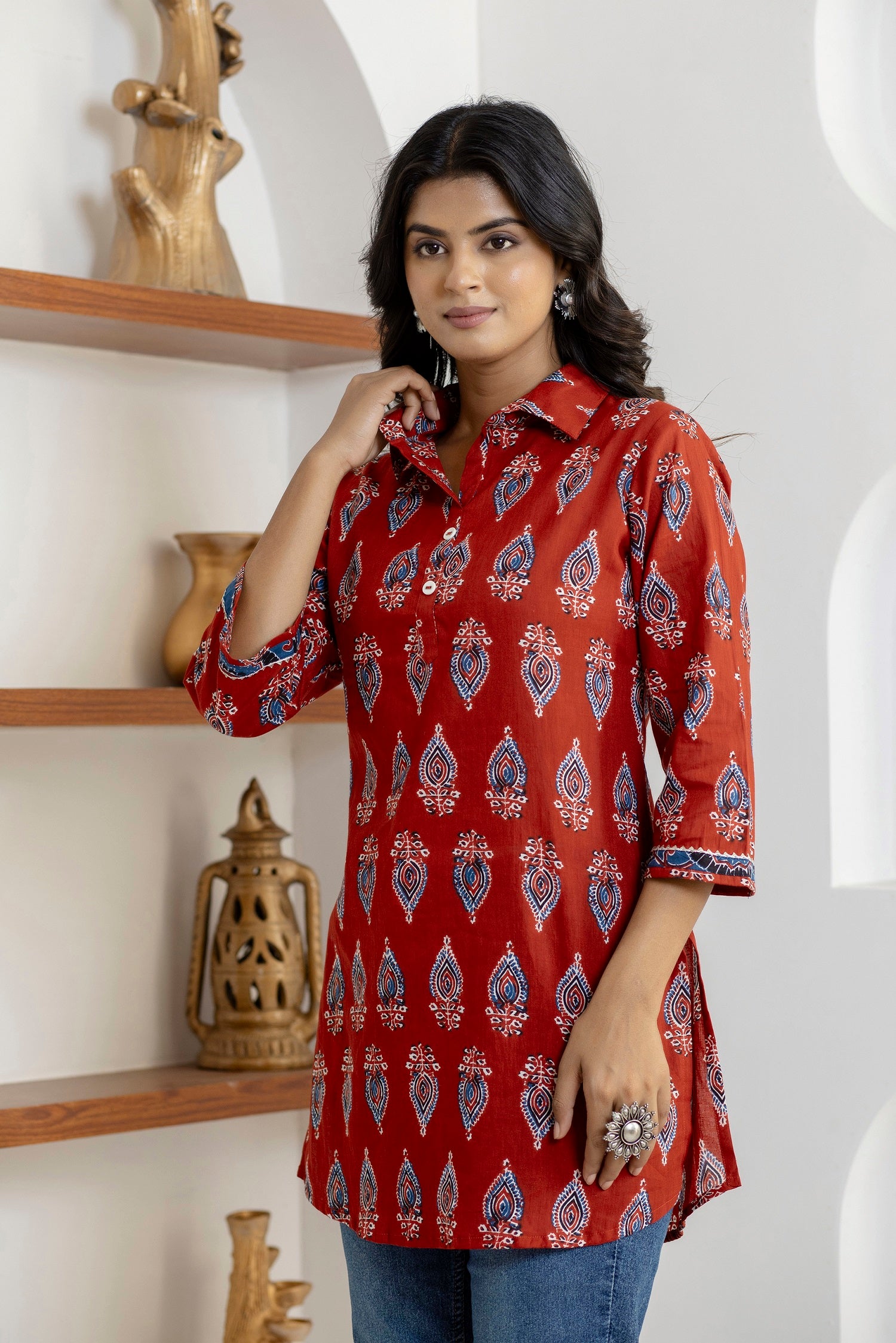side view of cotton block print top for women