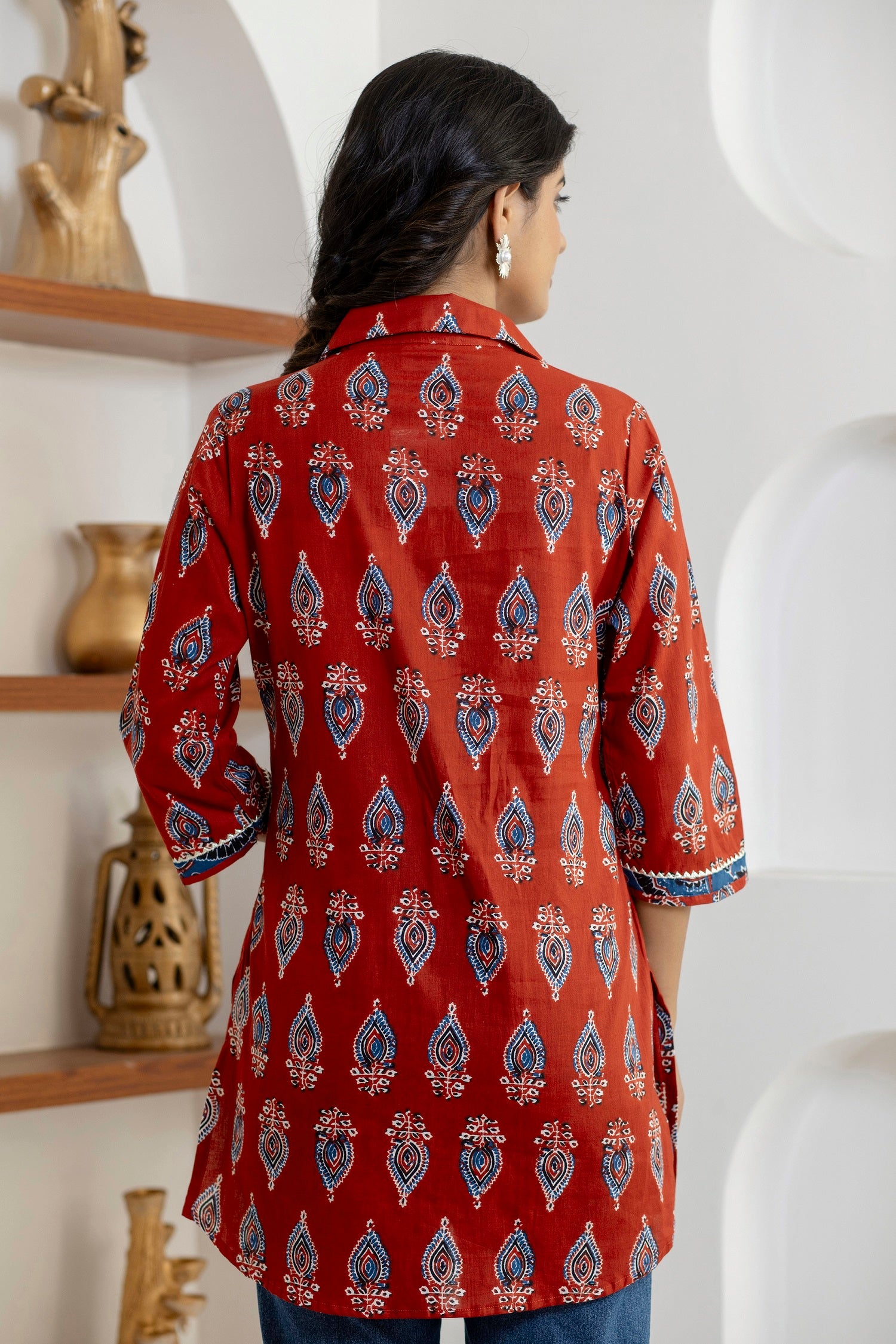 back view of women’s cotton printed top