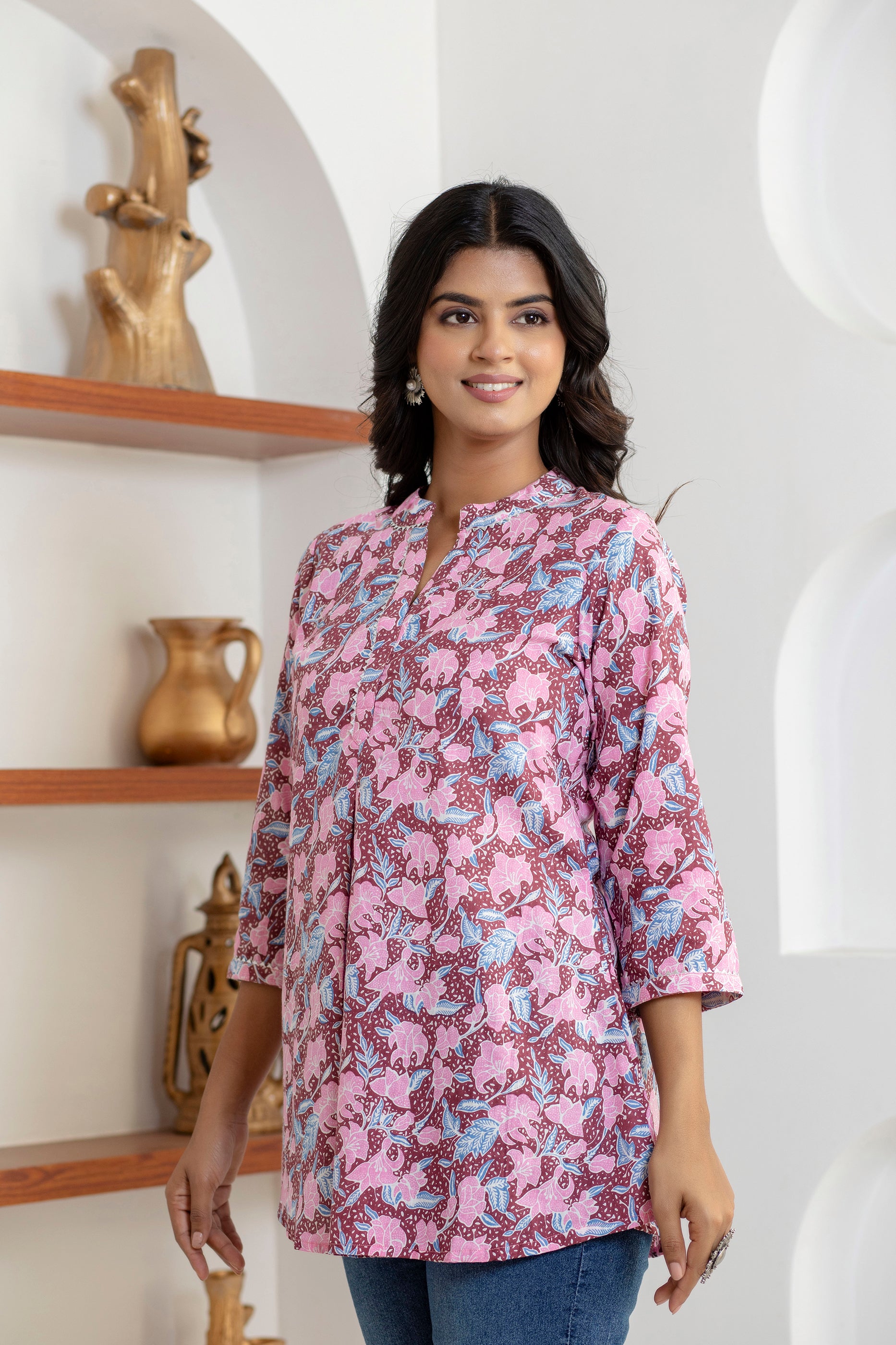 side view of cotton block print top for women