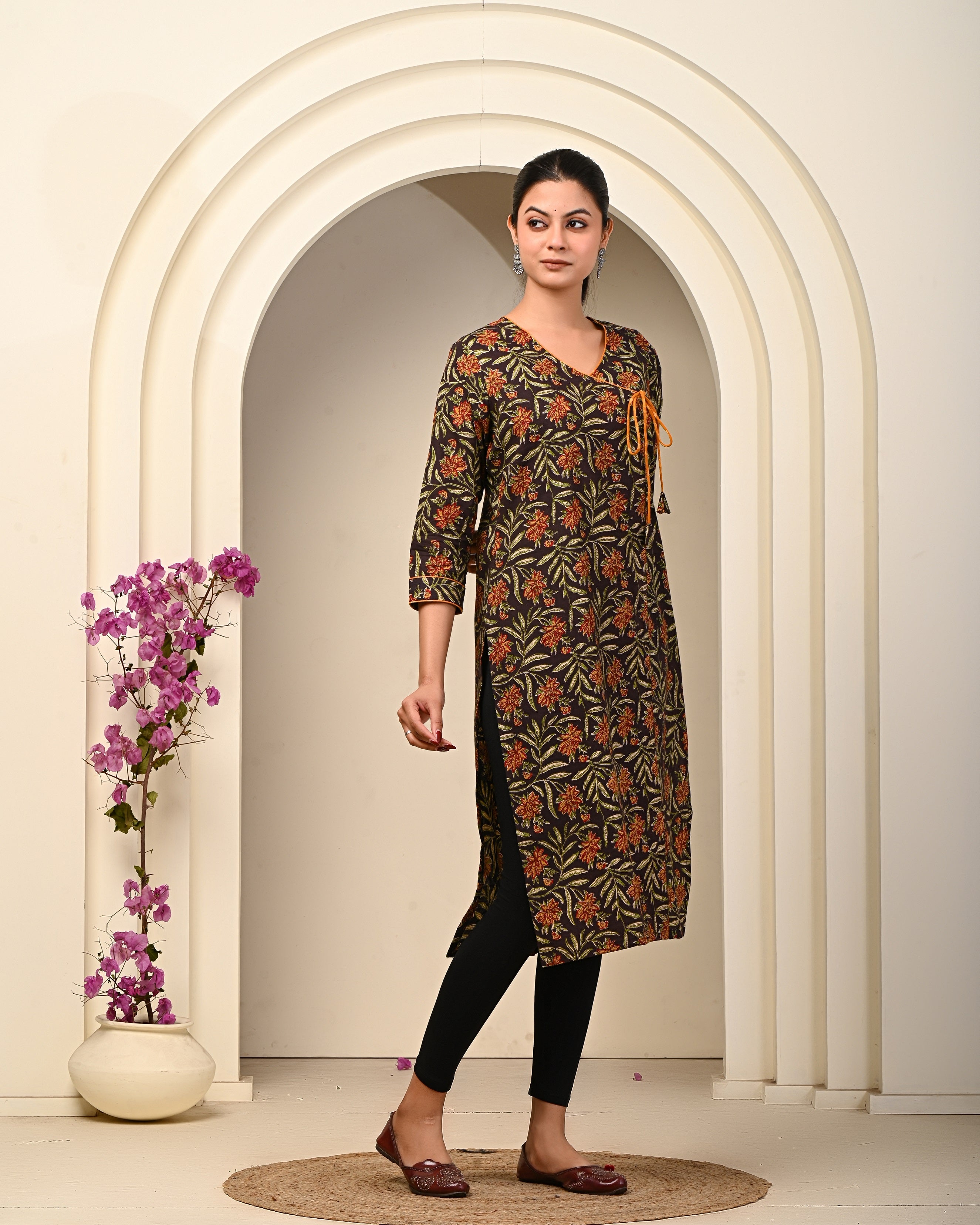 side view of Black cotton block print kurti for women