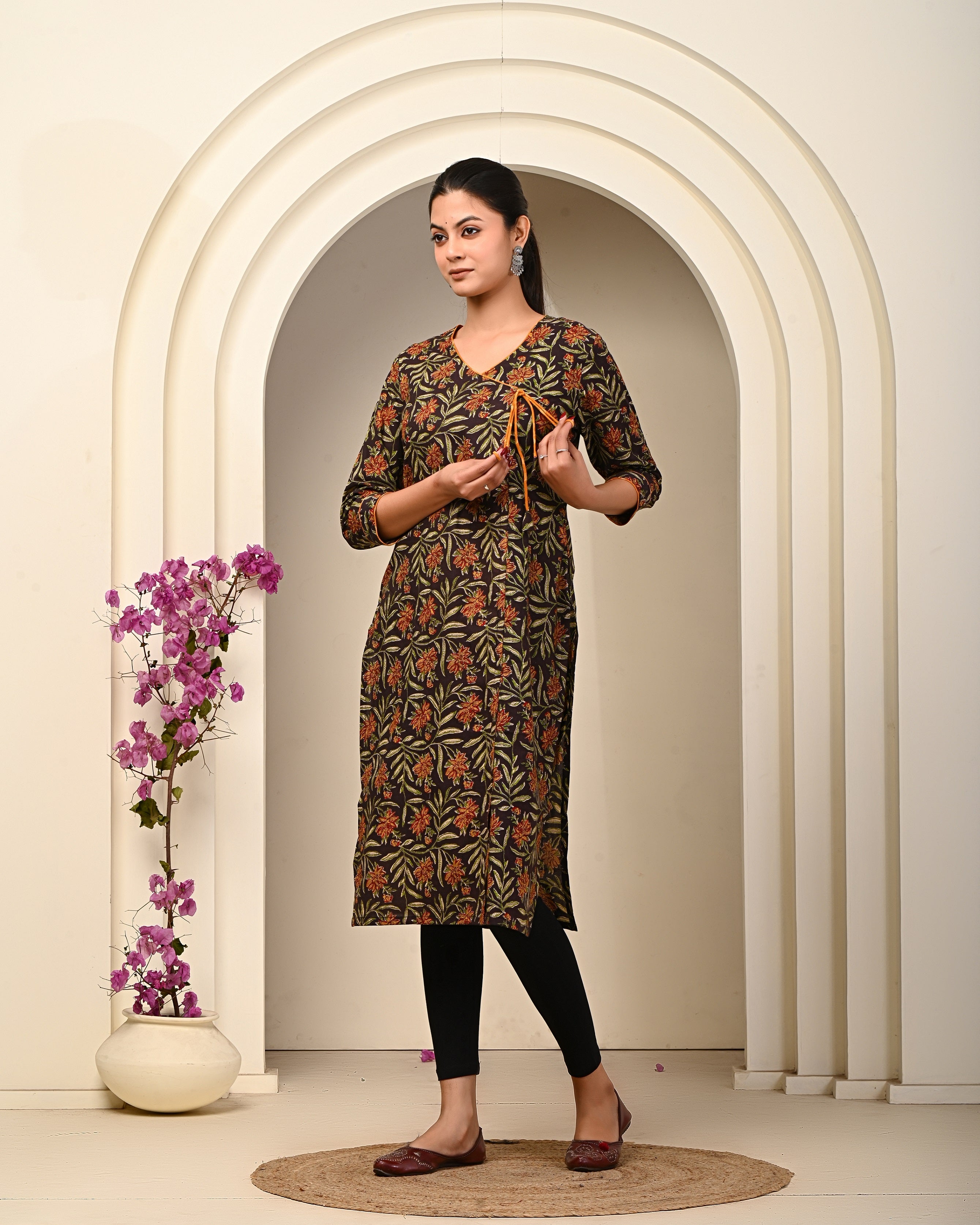 side view of Black cotton block print kurti for women