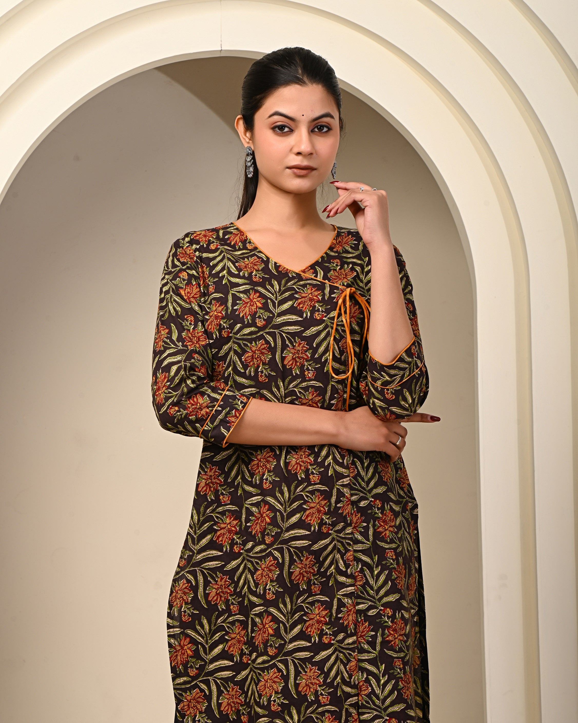 close-up of traditional Jaipuri block print on cotton kurti