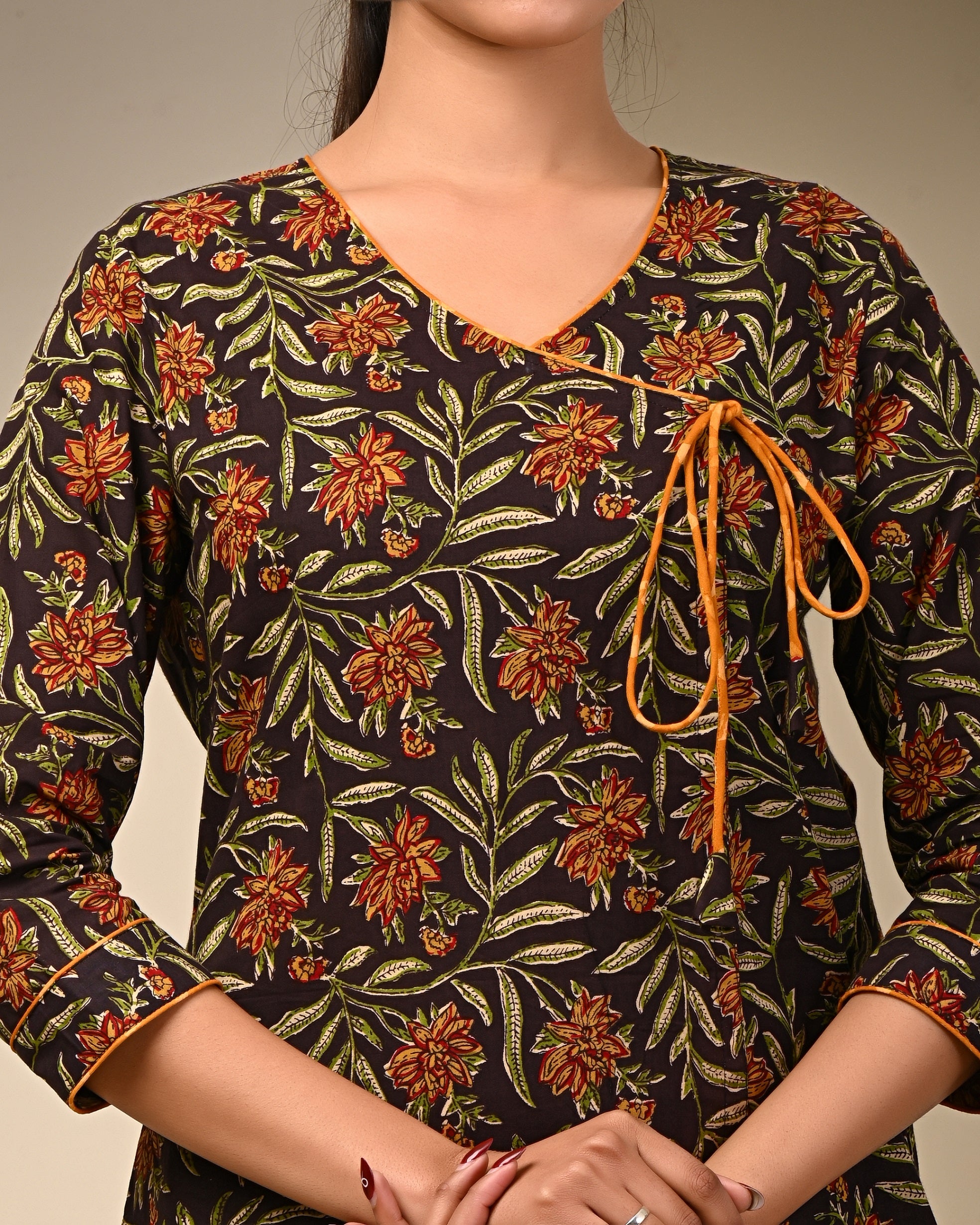 close-up of traditional Jaipuri block print on cotton kurti