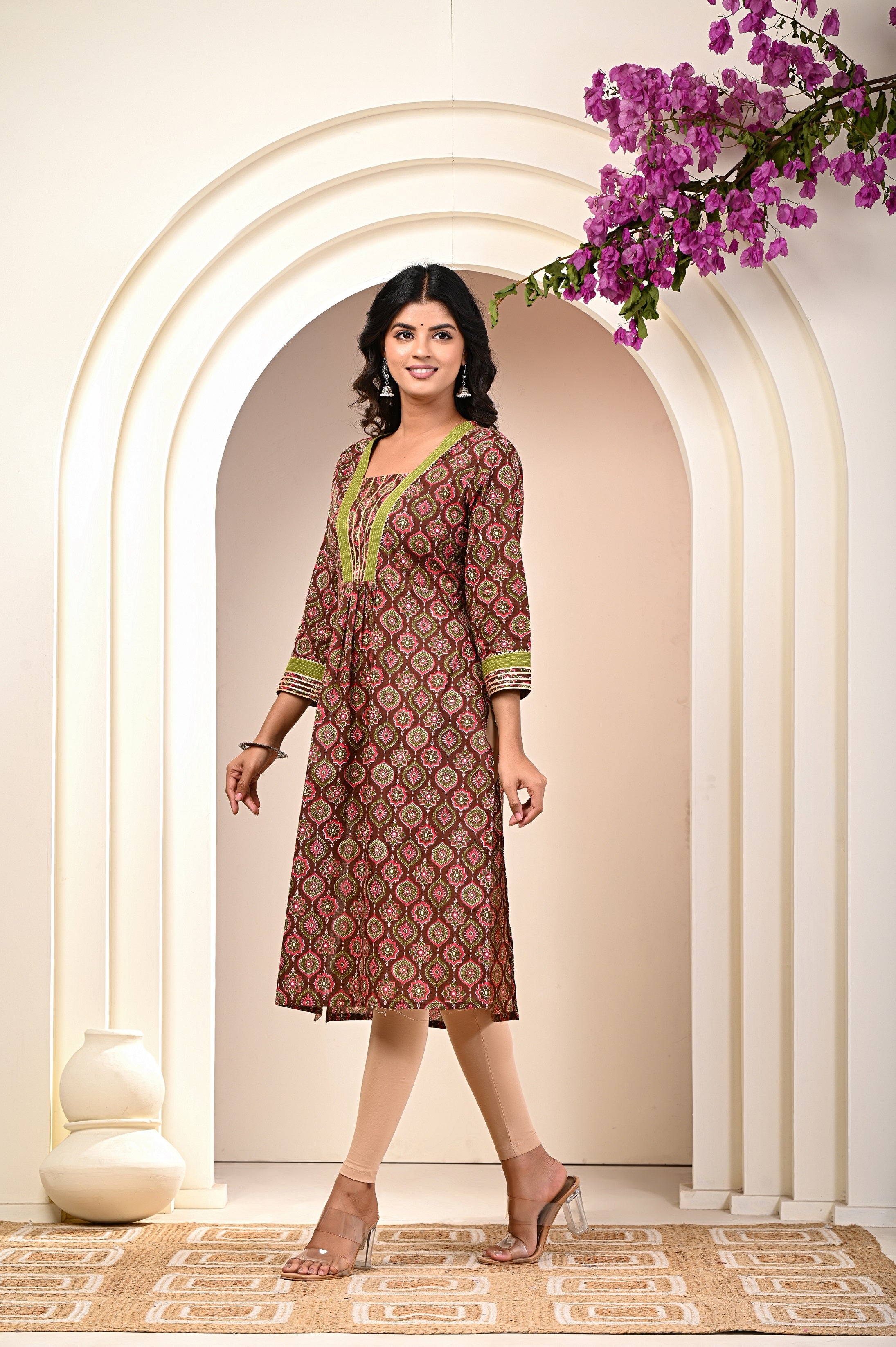side view of Maroon cotton block print kurti for women