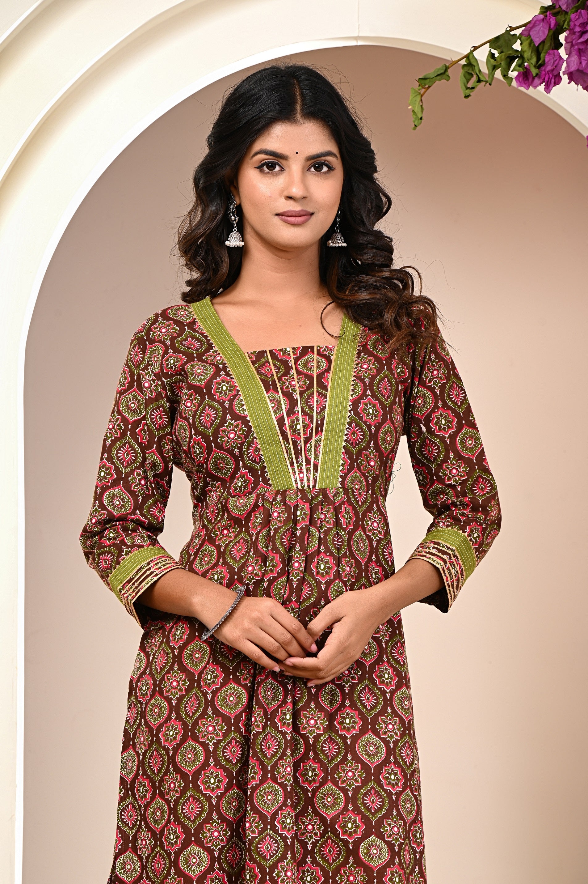 close-up of traditional Jaipuri block print on cotton kurti