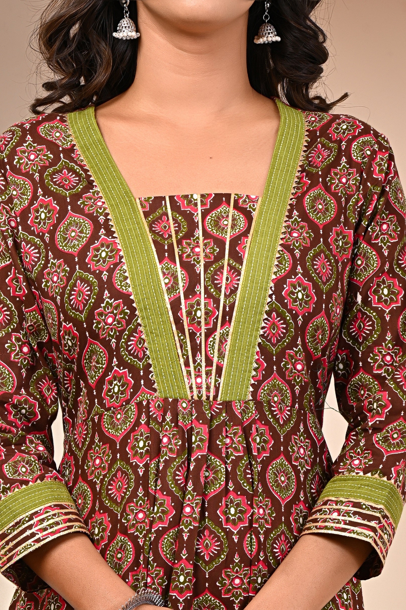 close-up of traditional Jaipuri block print on cotton kurti
