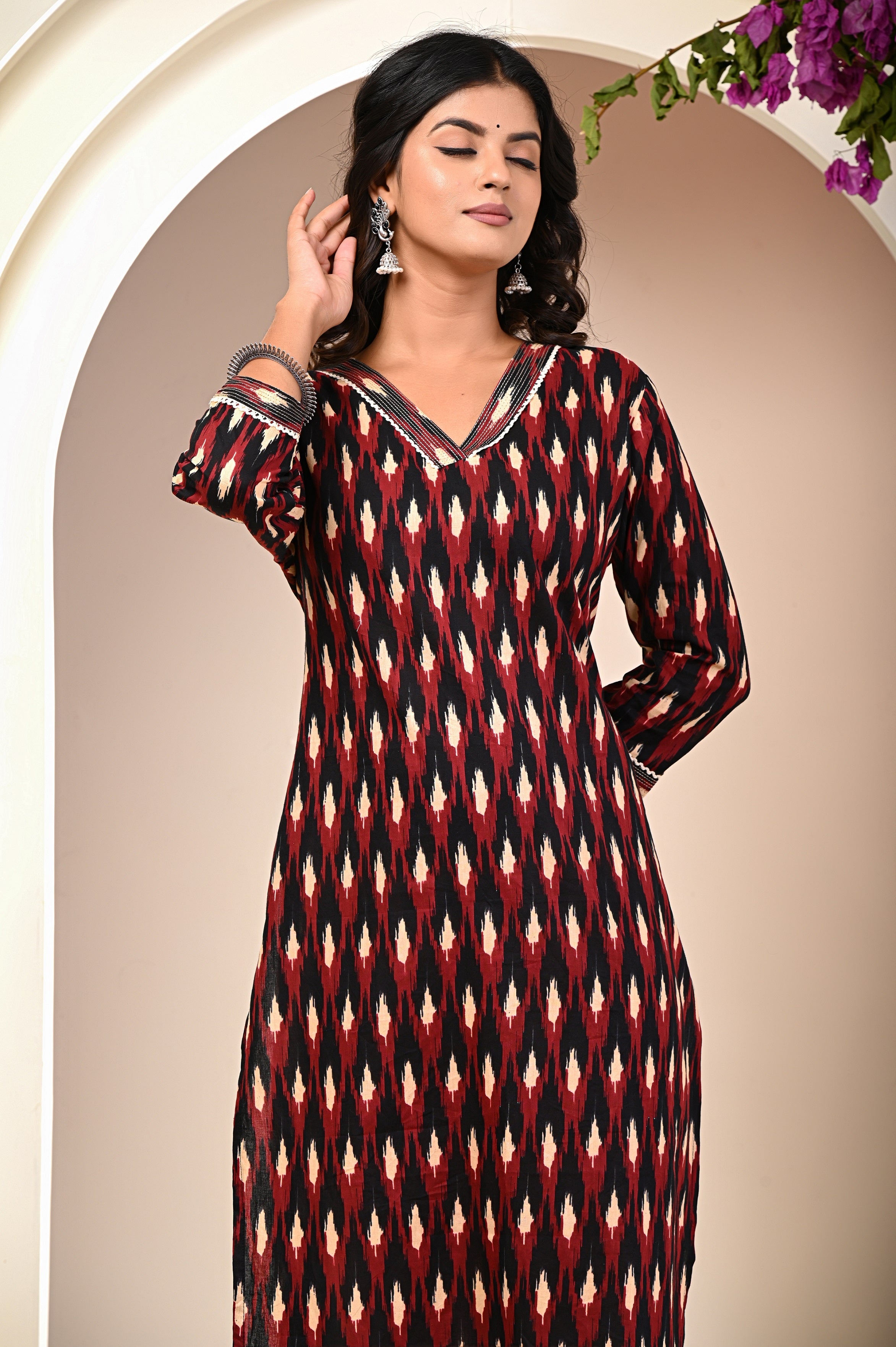 close-up of traditional Jaipuri block print on cotton kurti