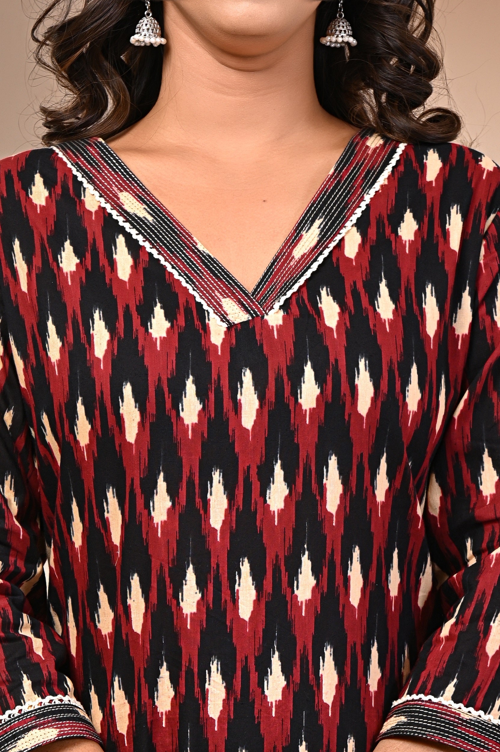 close-up of traditional Jaipuri block print on cotton kurti