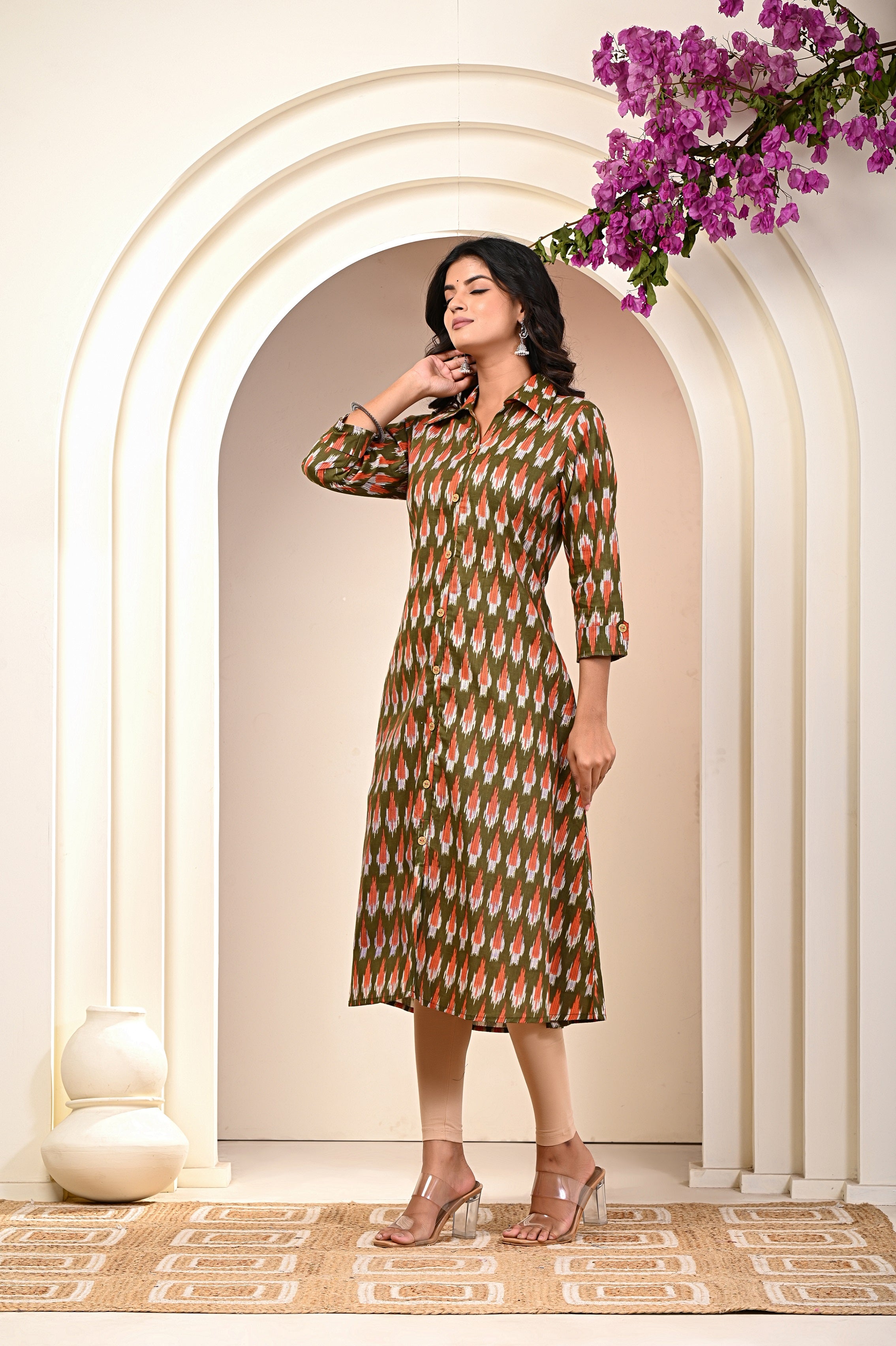 side view of Green cotton block print kurti for women