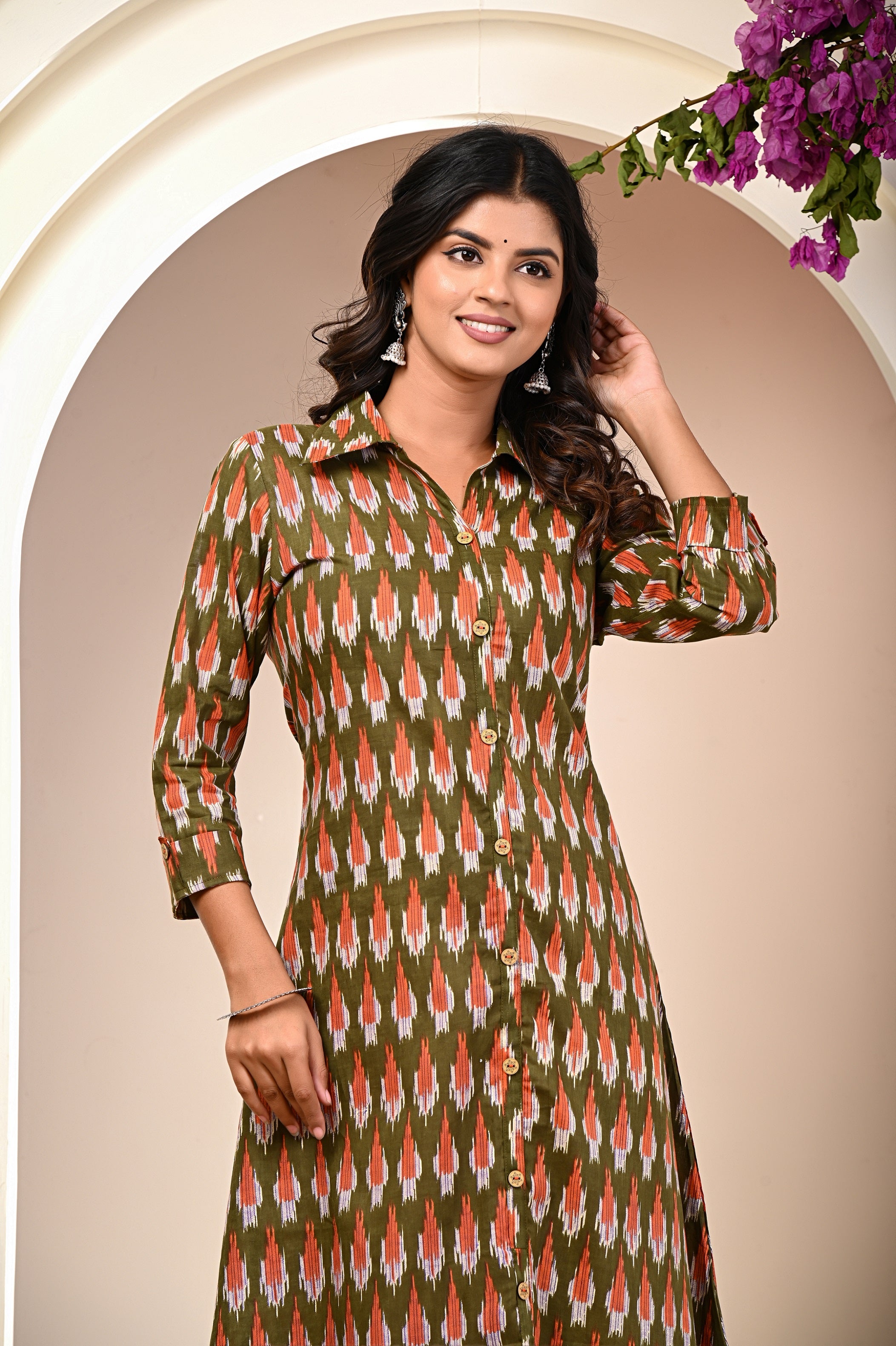 close-up of traditional Jaipuri block print on cotton kurti