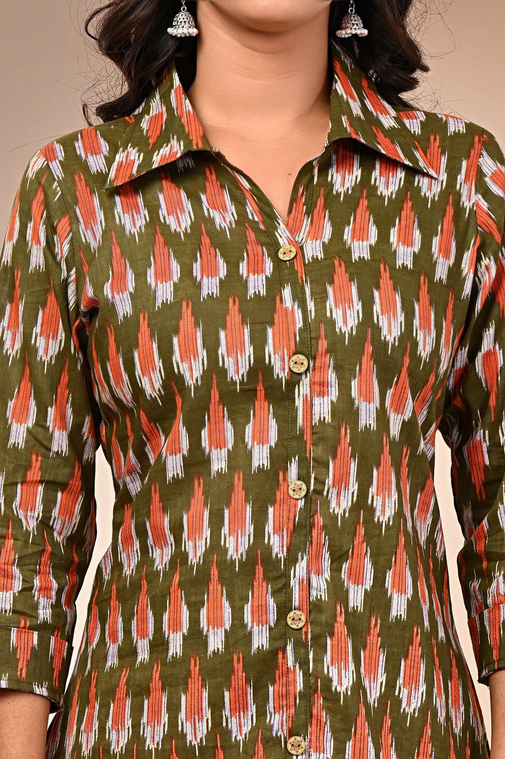 close-up of traditional Jaipuri block print on cotton kurti