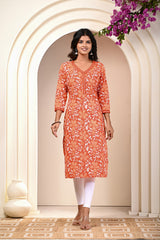 women’s Orange pure cotton Jaipuri block printed kurti