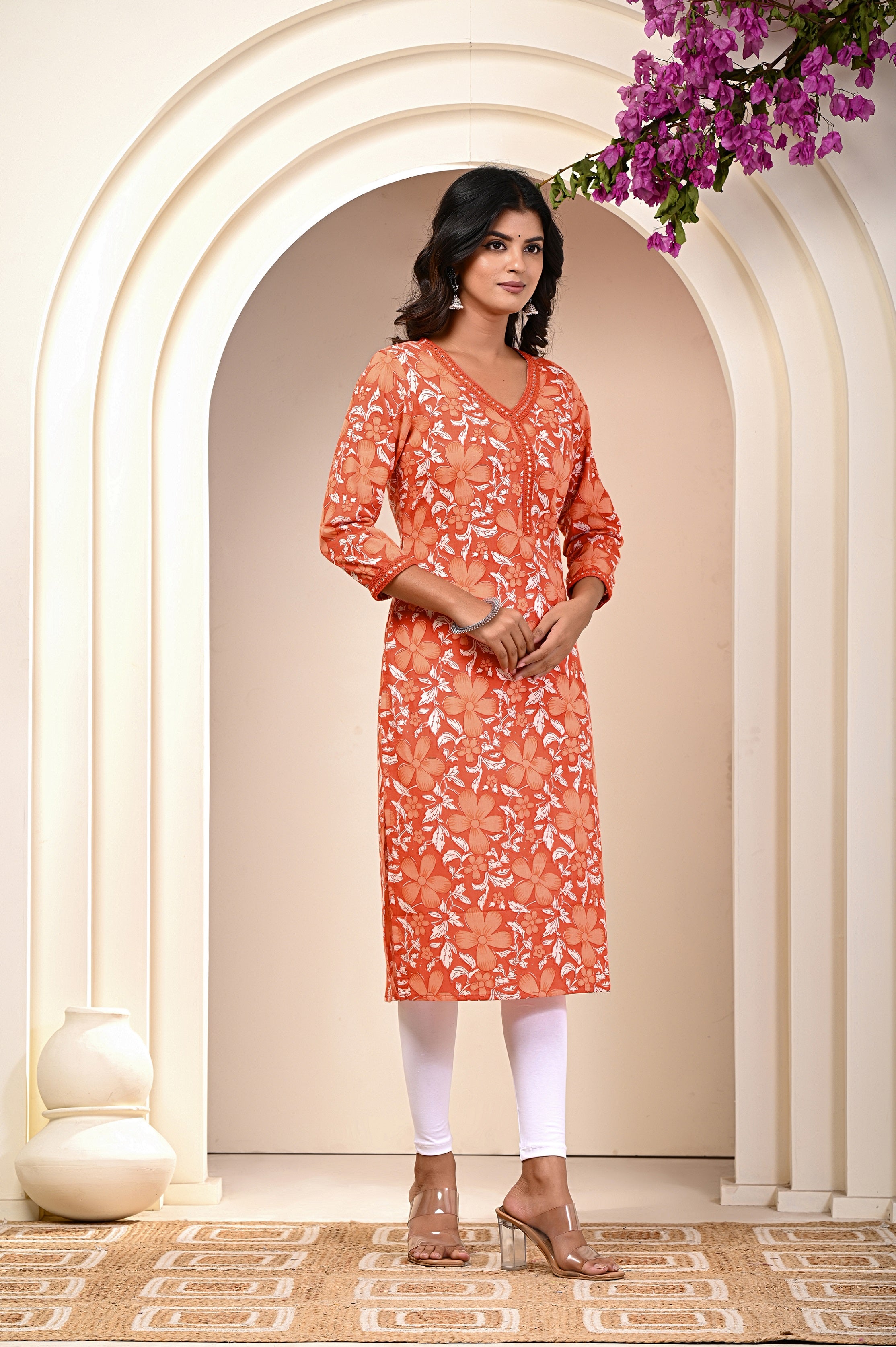side view of Orange cotton block print kurti for women