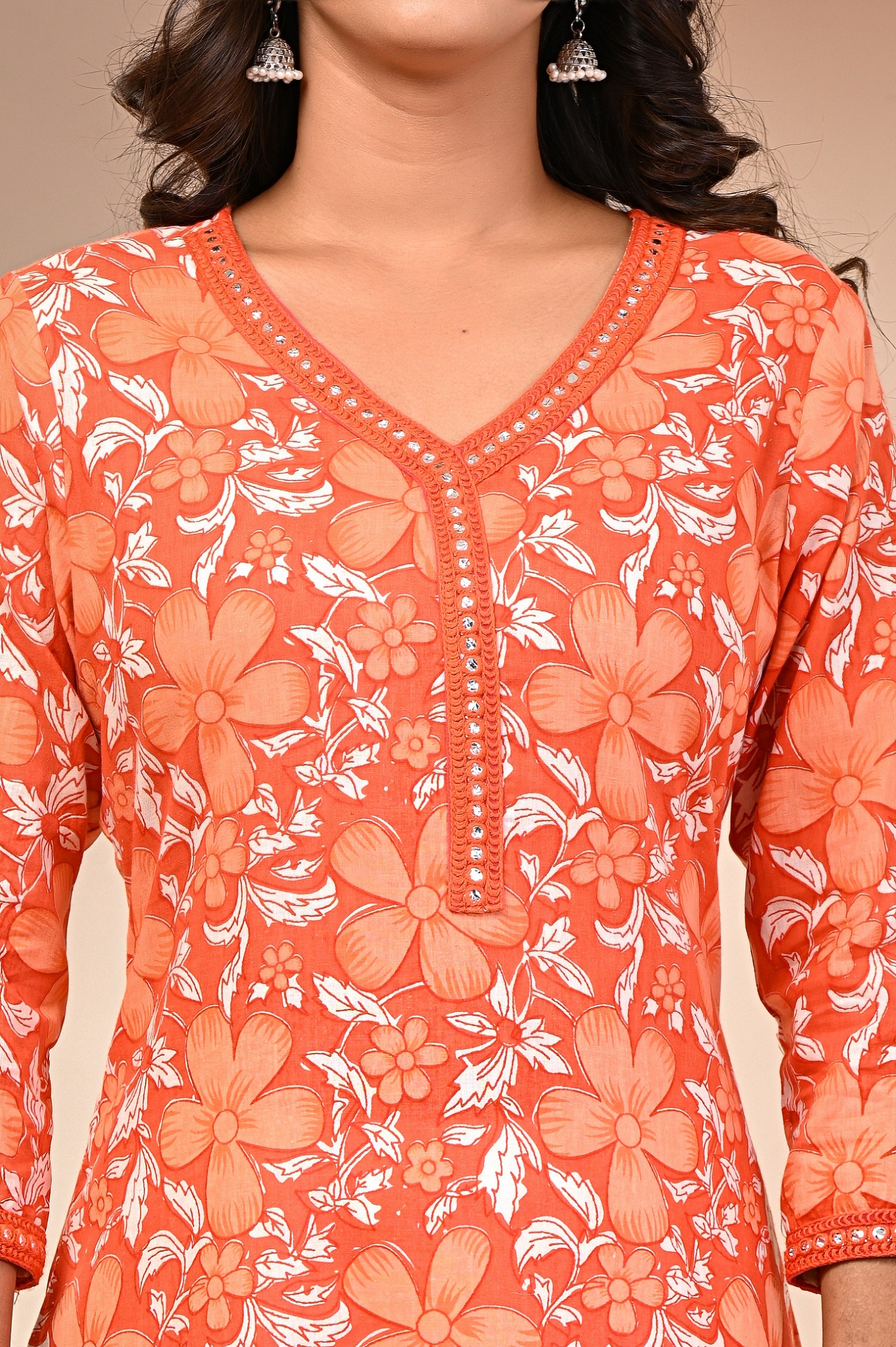 close-up of traditional Jaipuri block print on cotton kurti