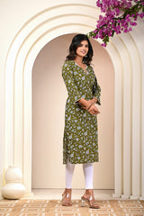 side view of Green cotton block print kurti for women