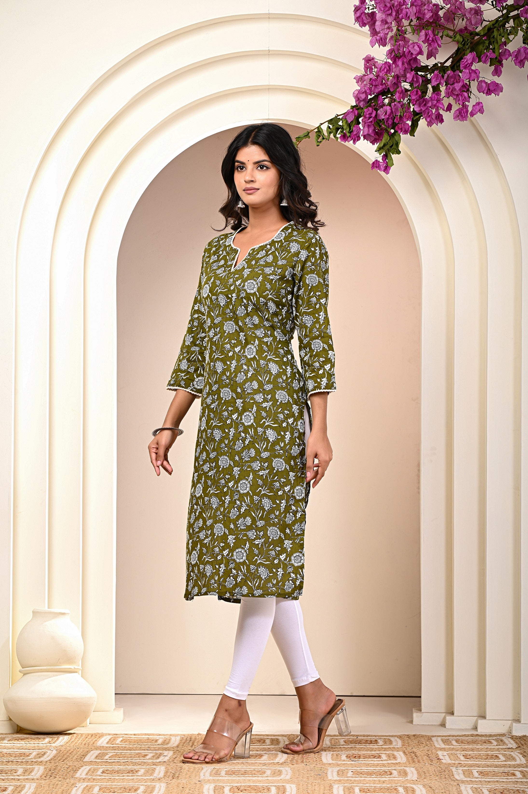 side view of Green cotton block print kurti for women