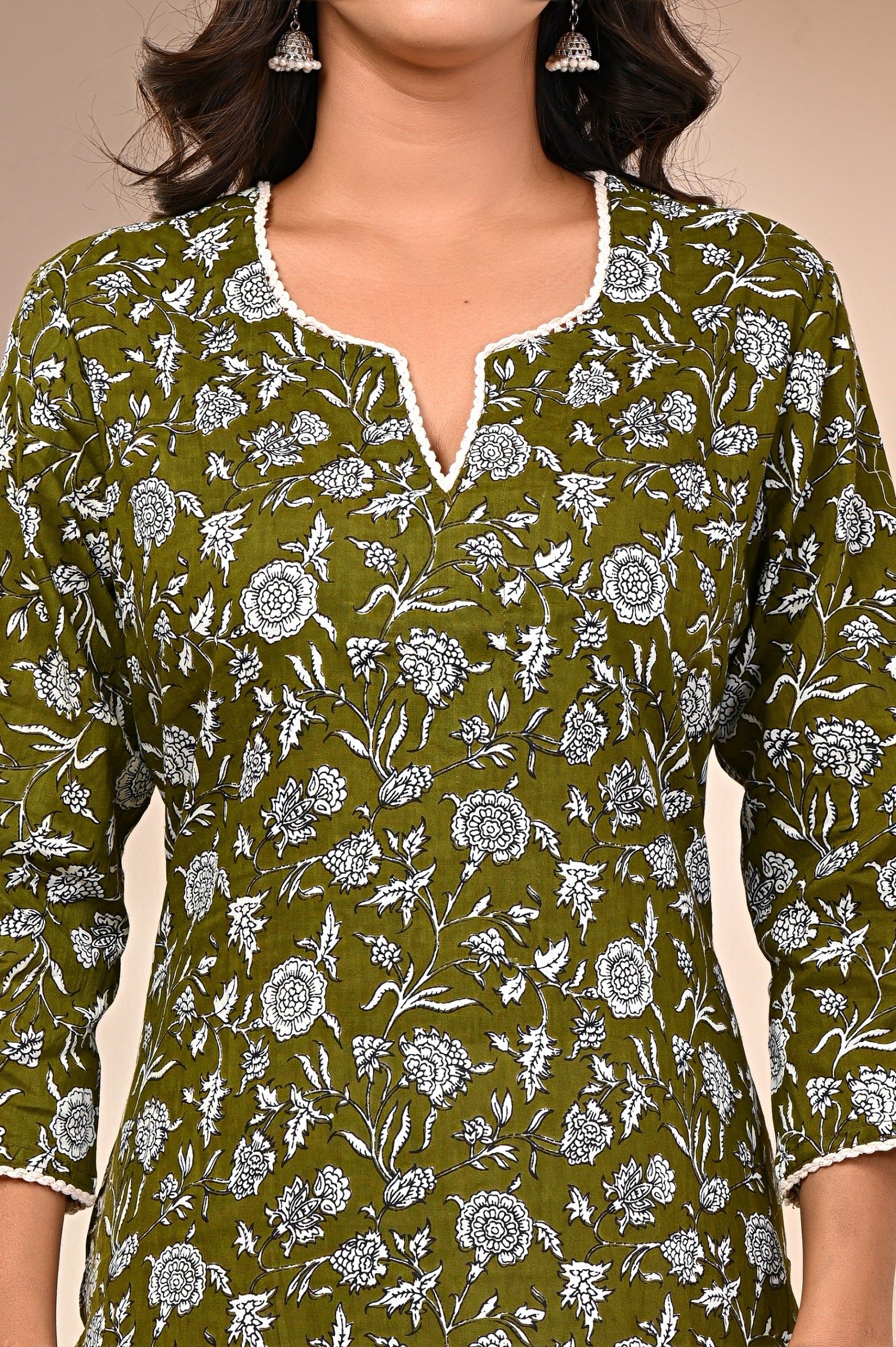 close-up of traditional Jaipuri block print on cotton kurti