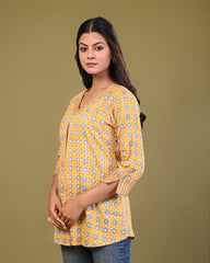 side view of cotton block print top for women