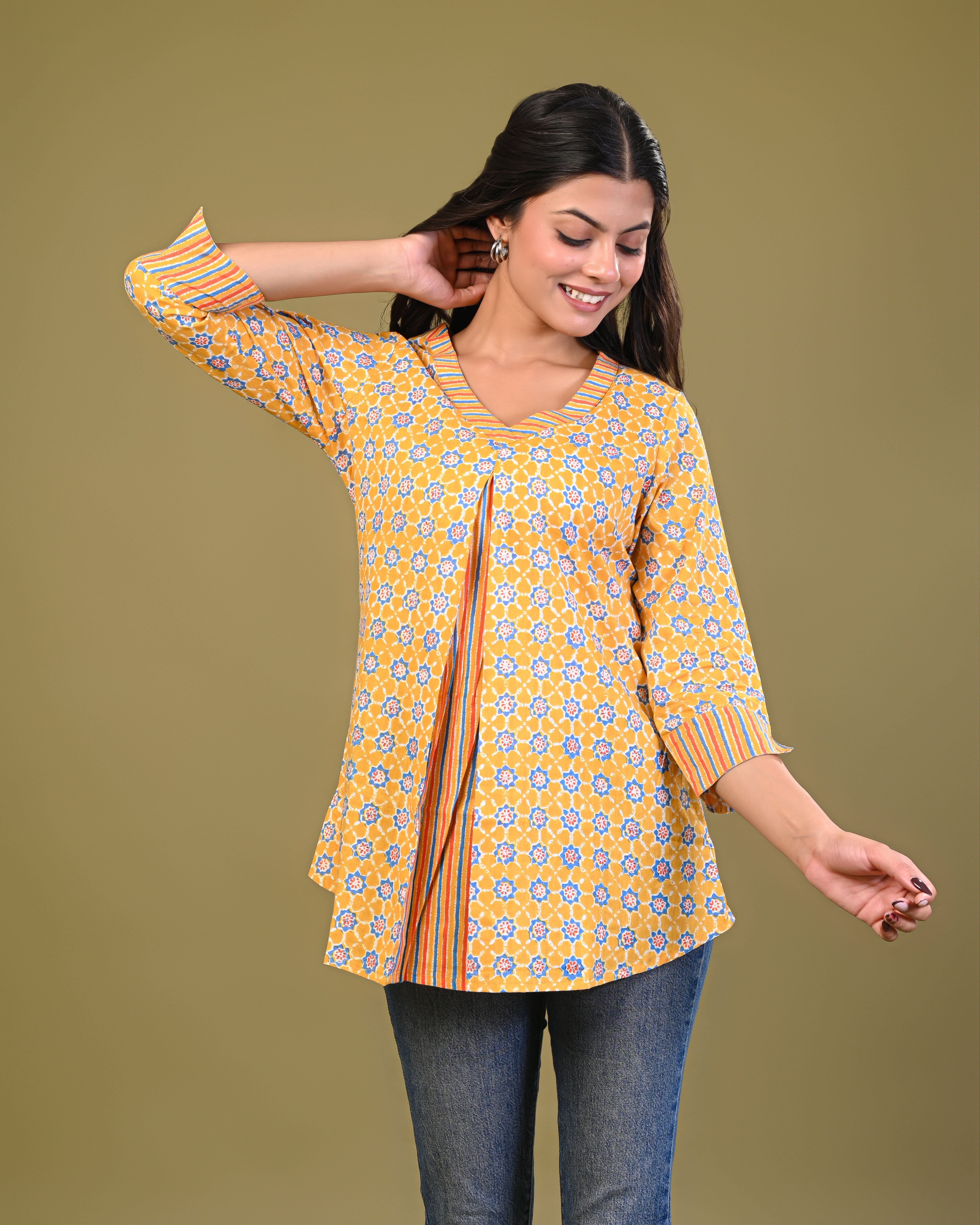 handcrafted Jaipuri block print detail on cotton top