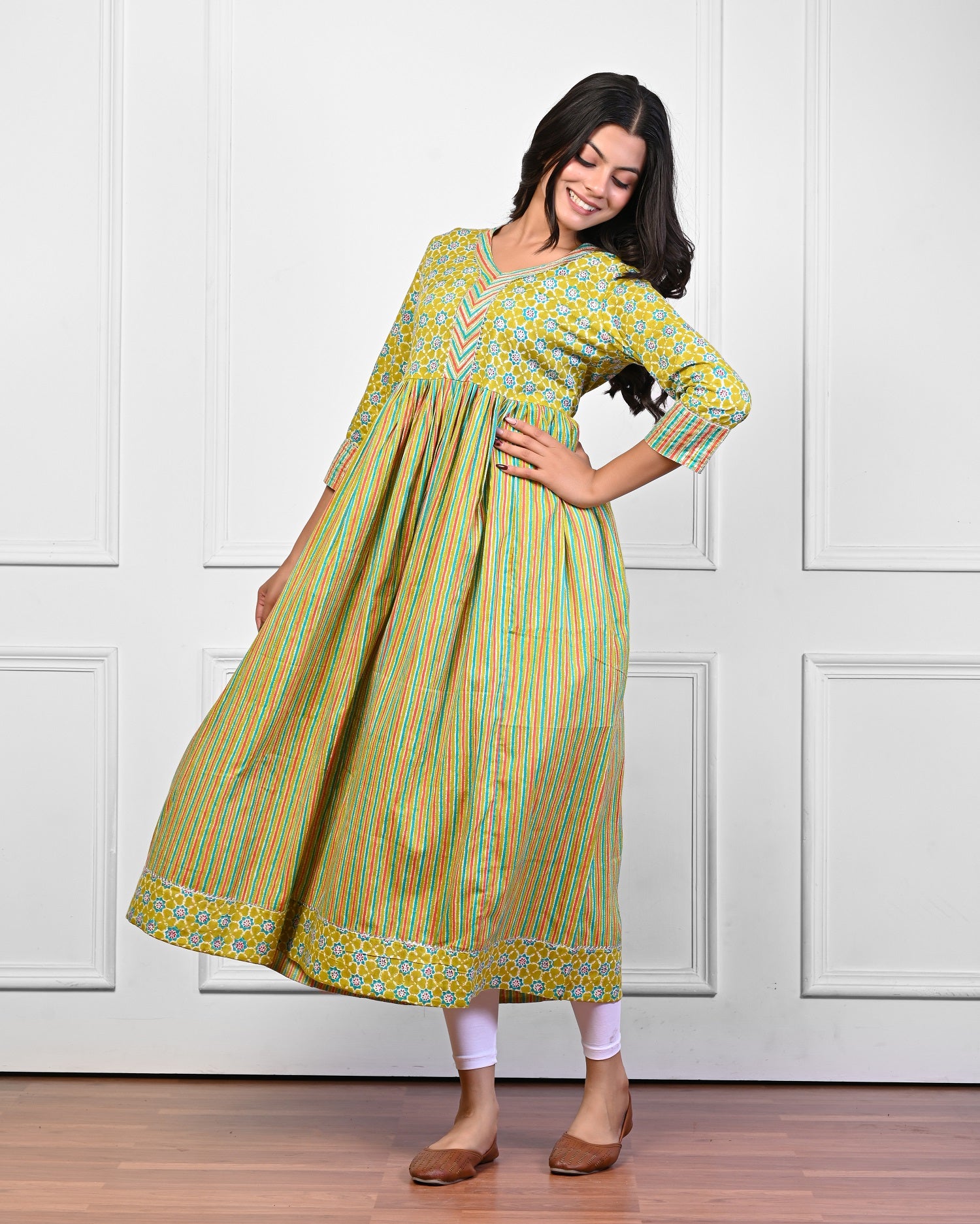 side view of flowing cotton block print dress for women