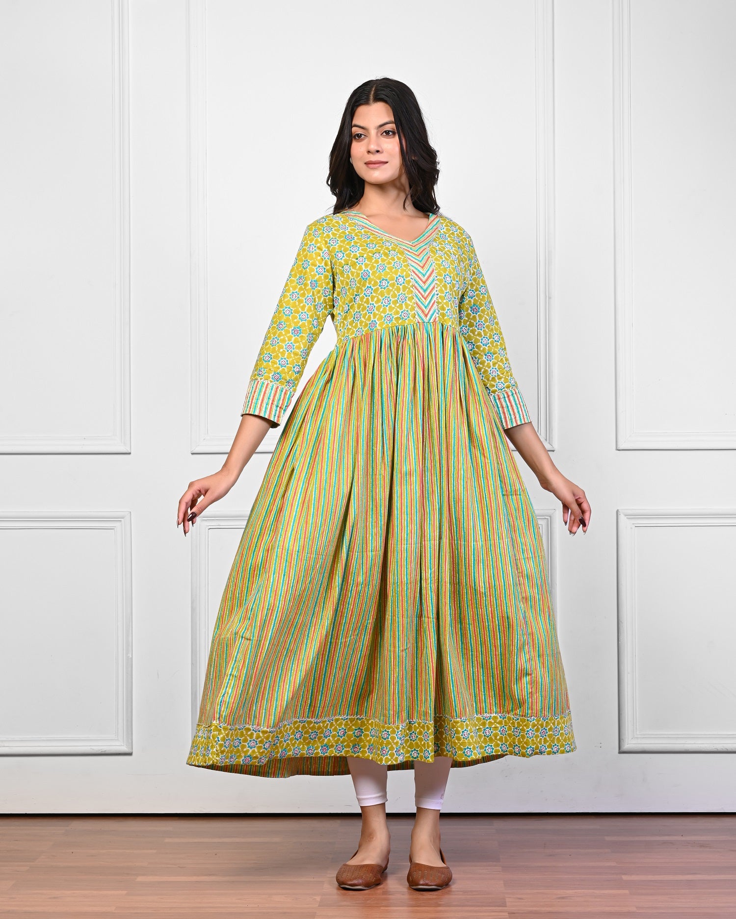 women’s Green pure cotton Jaipuri block printed ethnic dress