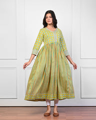 women’s Green pure cotton Jaipuri block printed ethnic dress